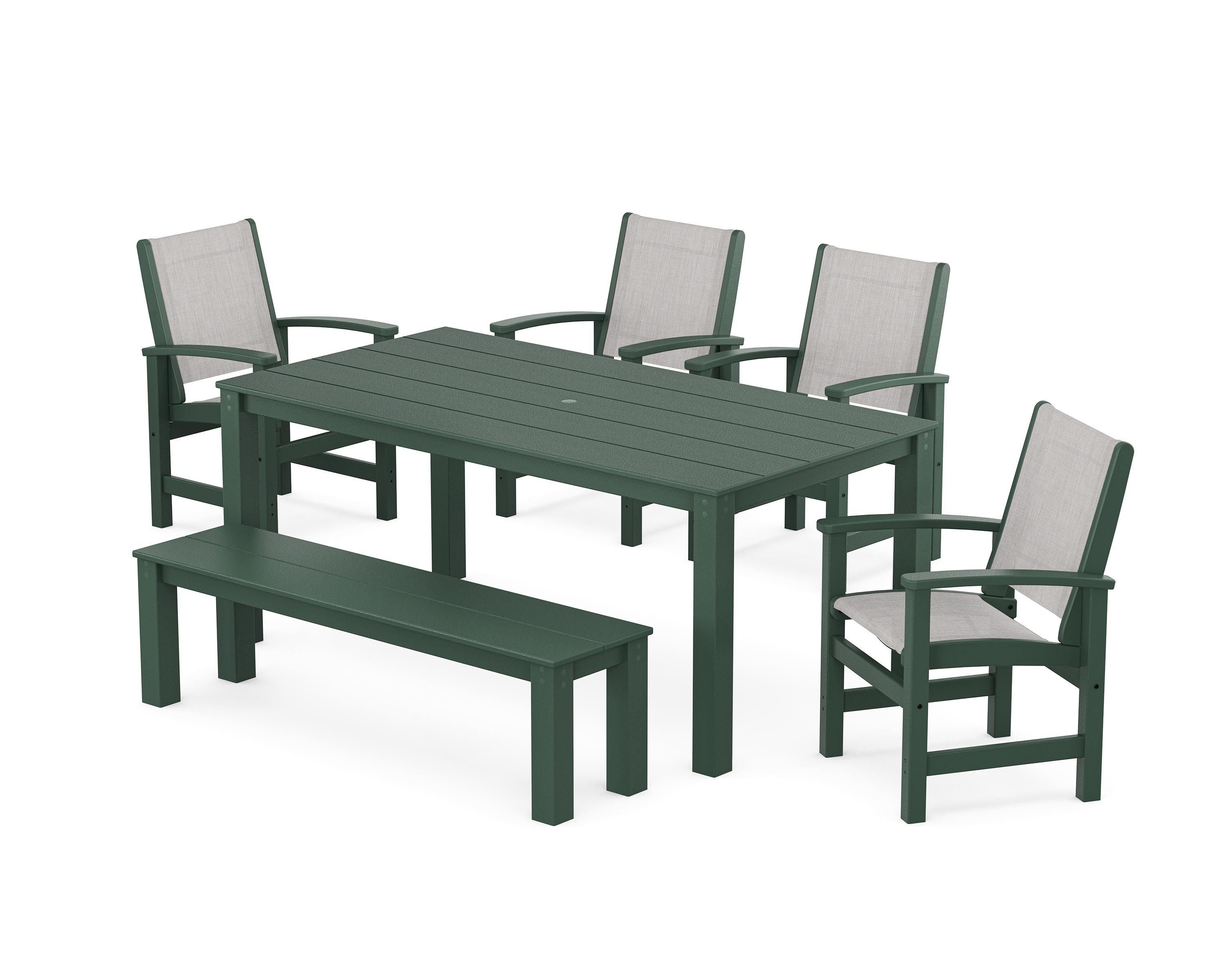 POLYWOOD Coastal 6-Piece Parsons Dining Set with Bench in Green / Parchment Sling