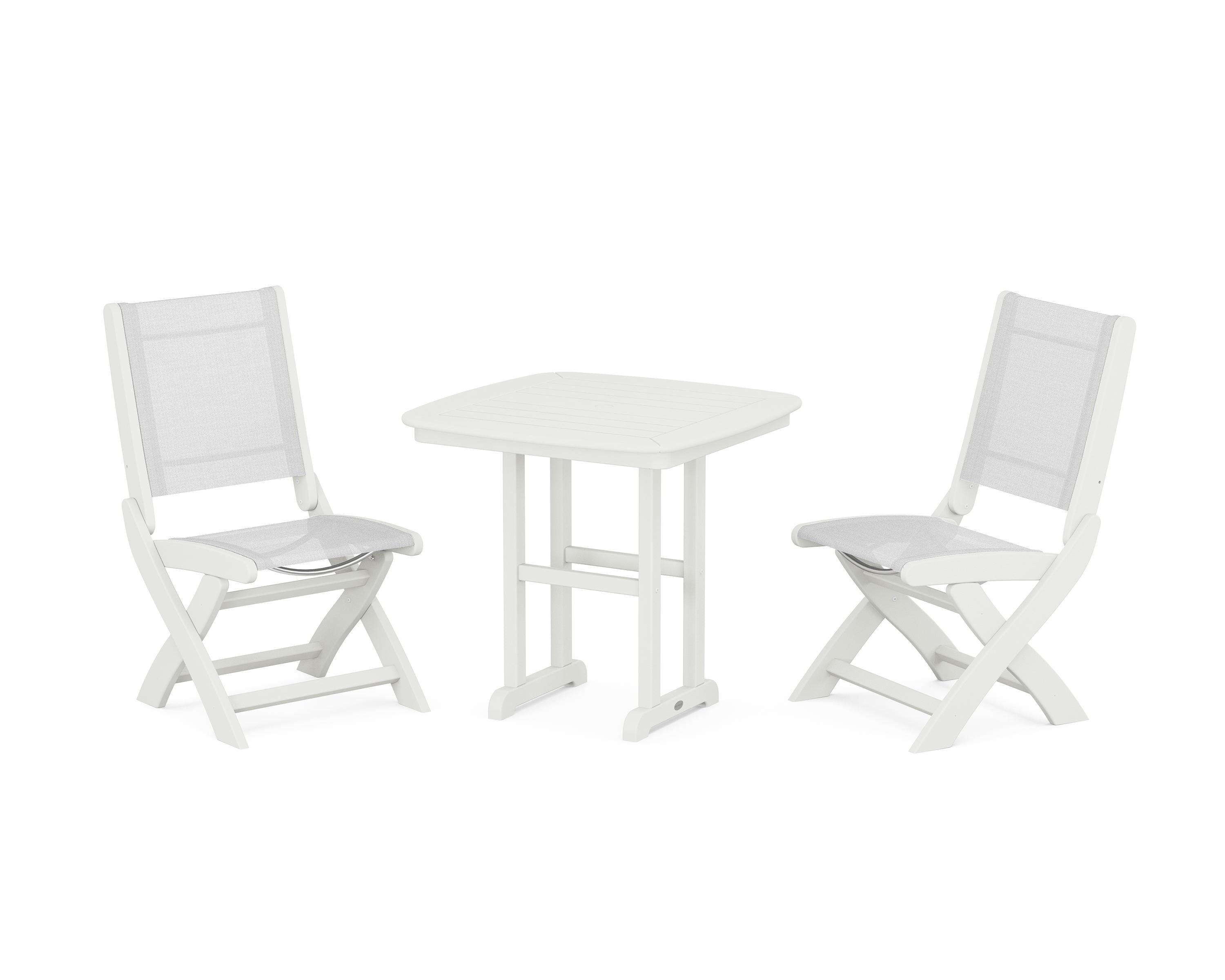 POLYWOOD Coastal Folding Side Chair 3-Piece Dining Set in Vintage White / White Sling