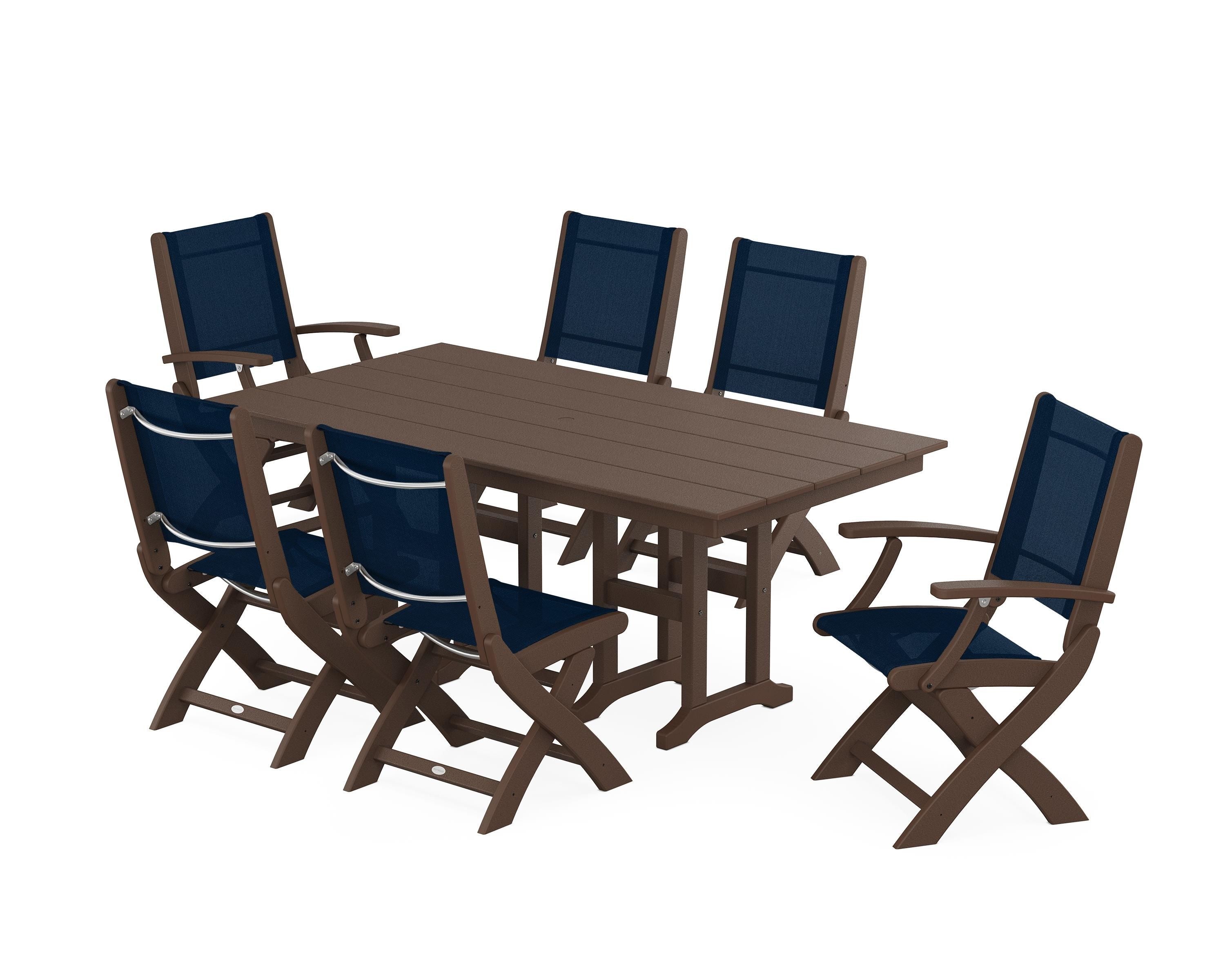 POLYWOOD Coastal Folding Chair 7-Piece Farmhouse Dining Set in Mahogany / Navy Blue Sling