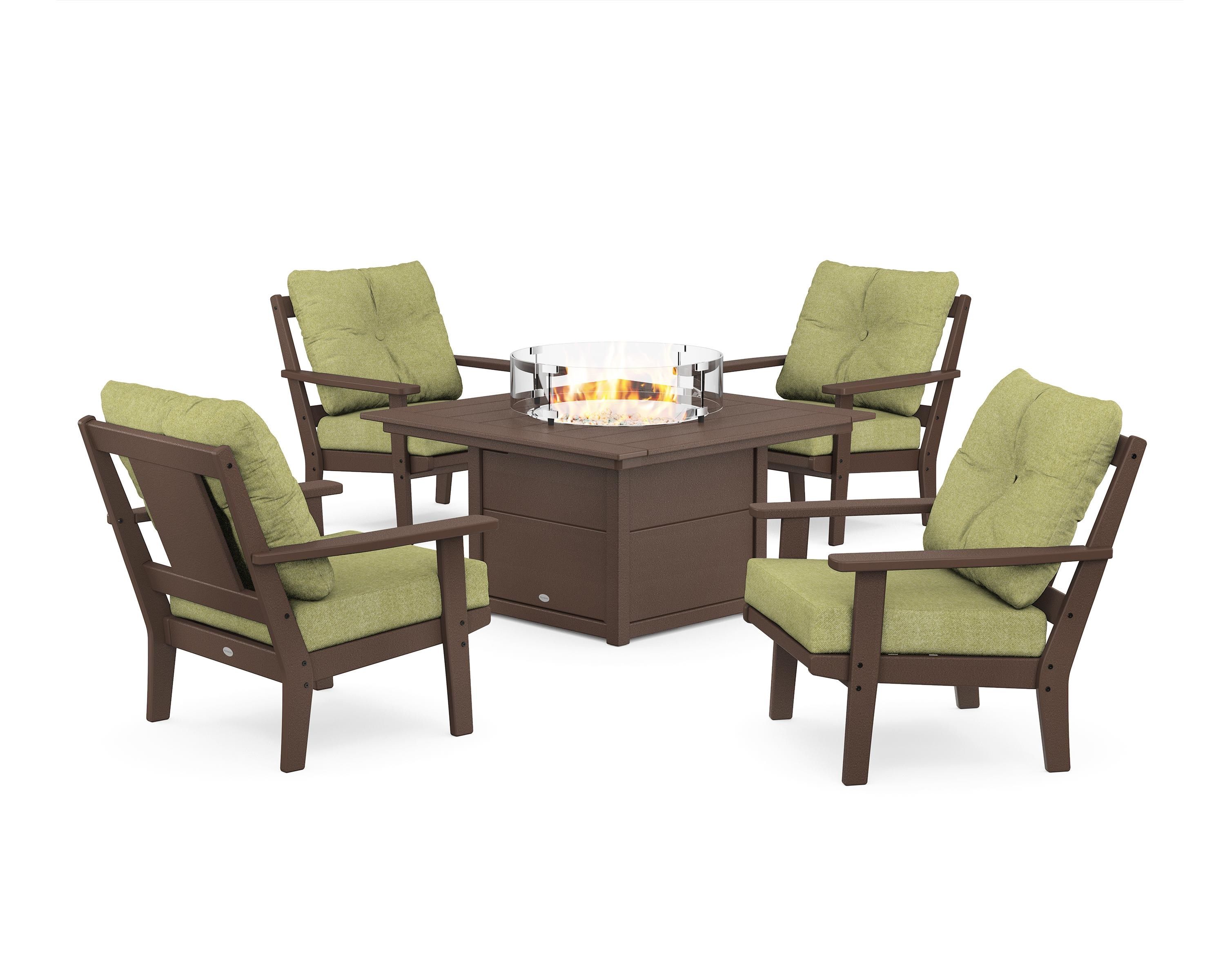 POLYWOOD Prairie 5-Piece Deep Seating Set with Fire Pit Table in Mahogany / Chartreuse Boucle