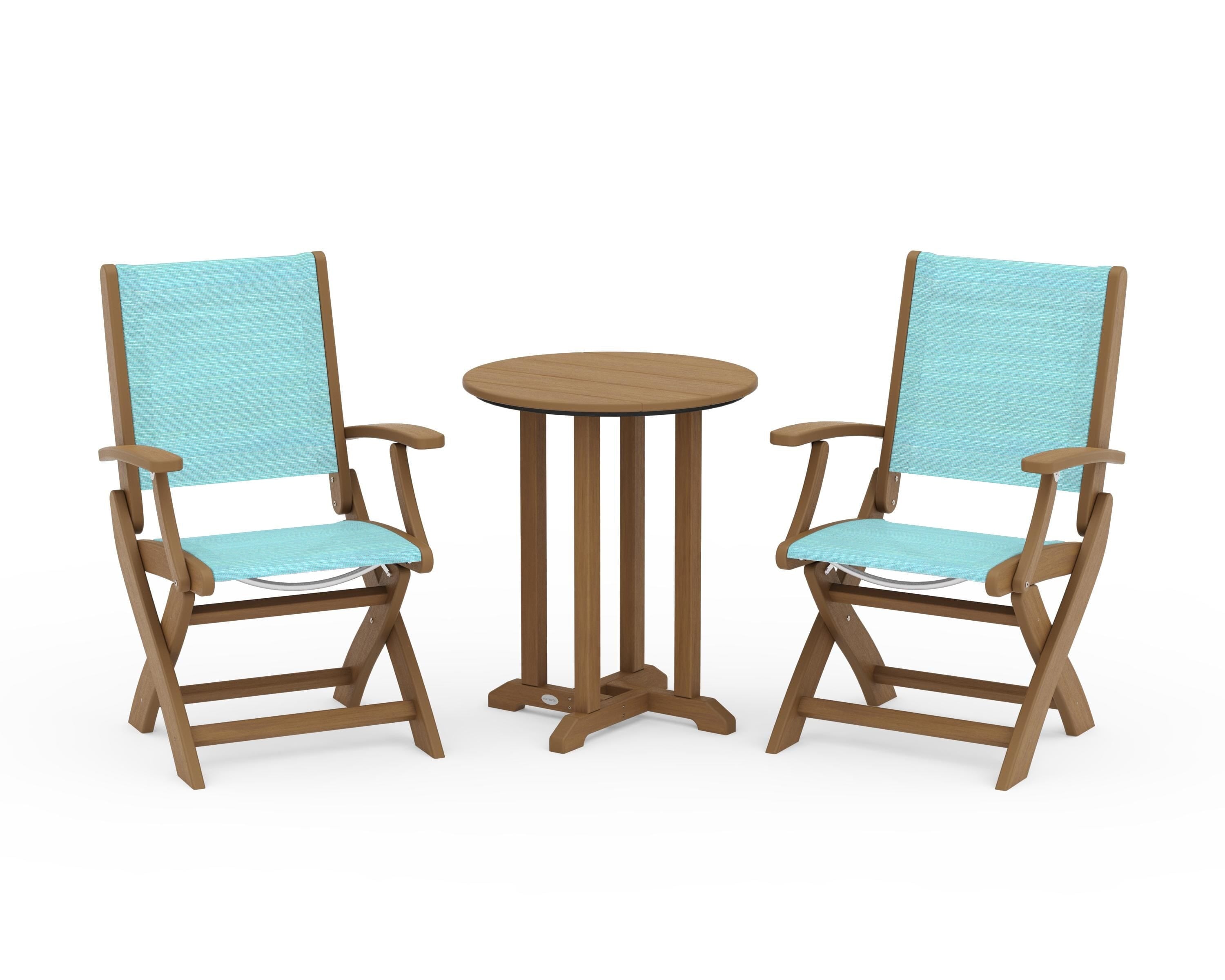 POLYWOOD Coastal Folding 3-Piece Round Bistro Dining Set in Natural / Dupioni Aquamarine Sling