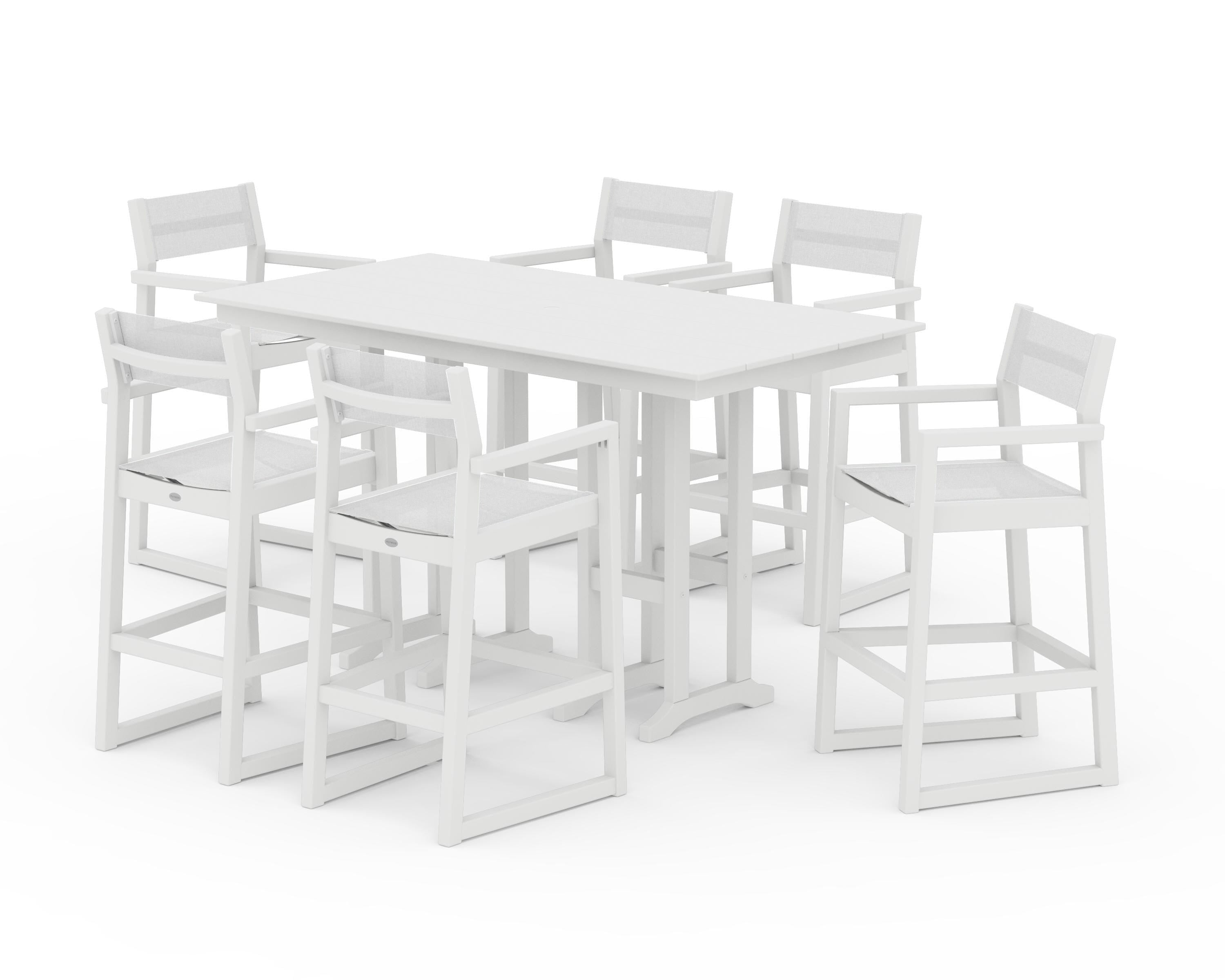POLYWOOD EDGE Sling Arm Chair 7-Piece Farmhouse Bar Set in White / White Sling