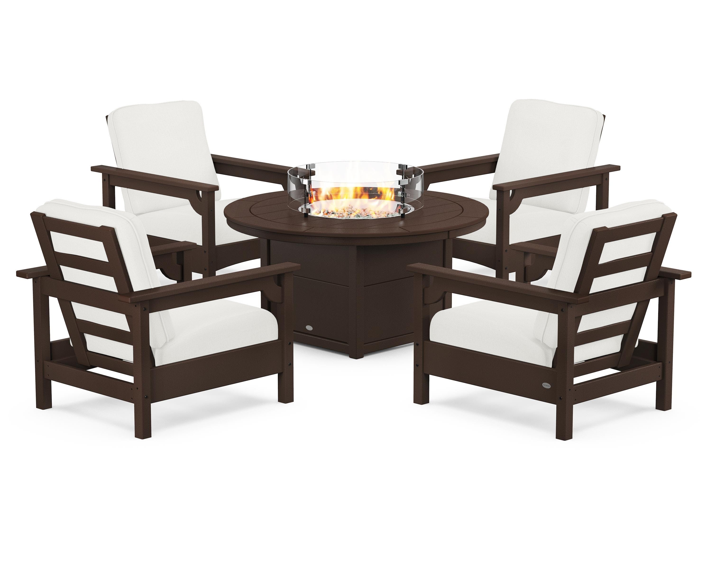 POLYWOOD Club 5-Piece Conversation Set with Fire Pit Table in Mahogany / Natural Linen