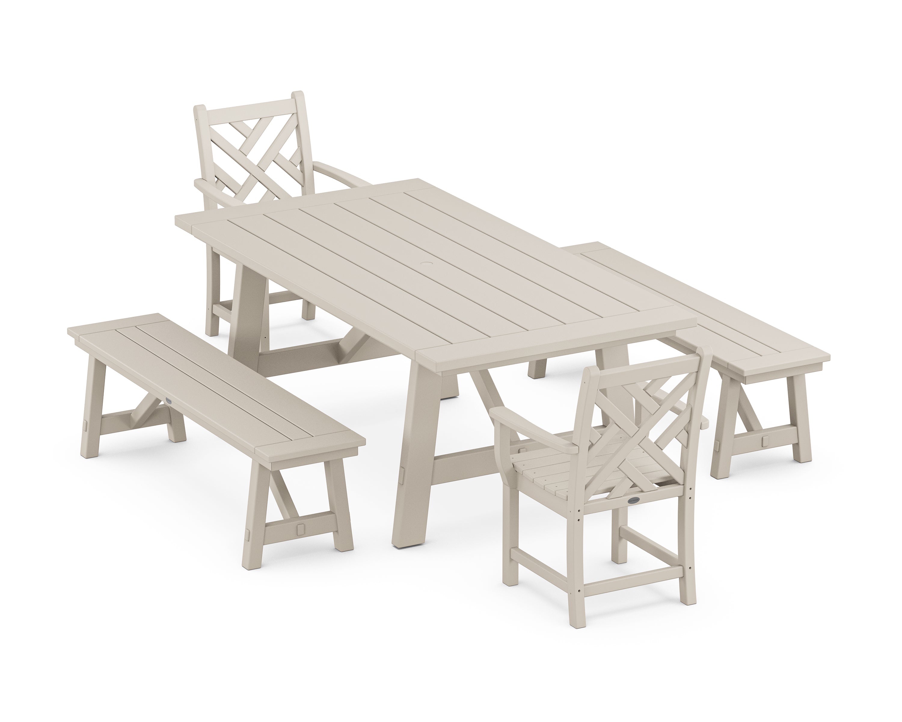 POLYWOOD® Chippendale 5-Piece Rustic Farmhouse Dining Set With Benches in Sand