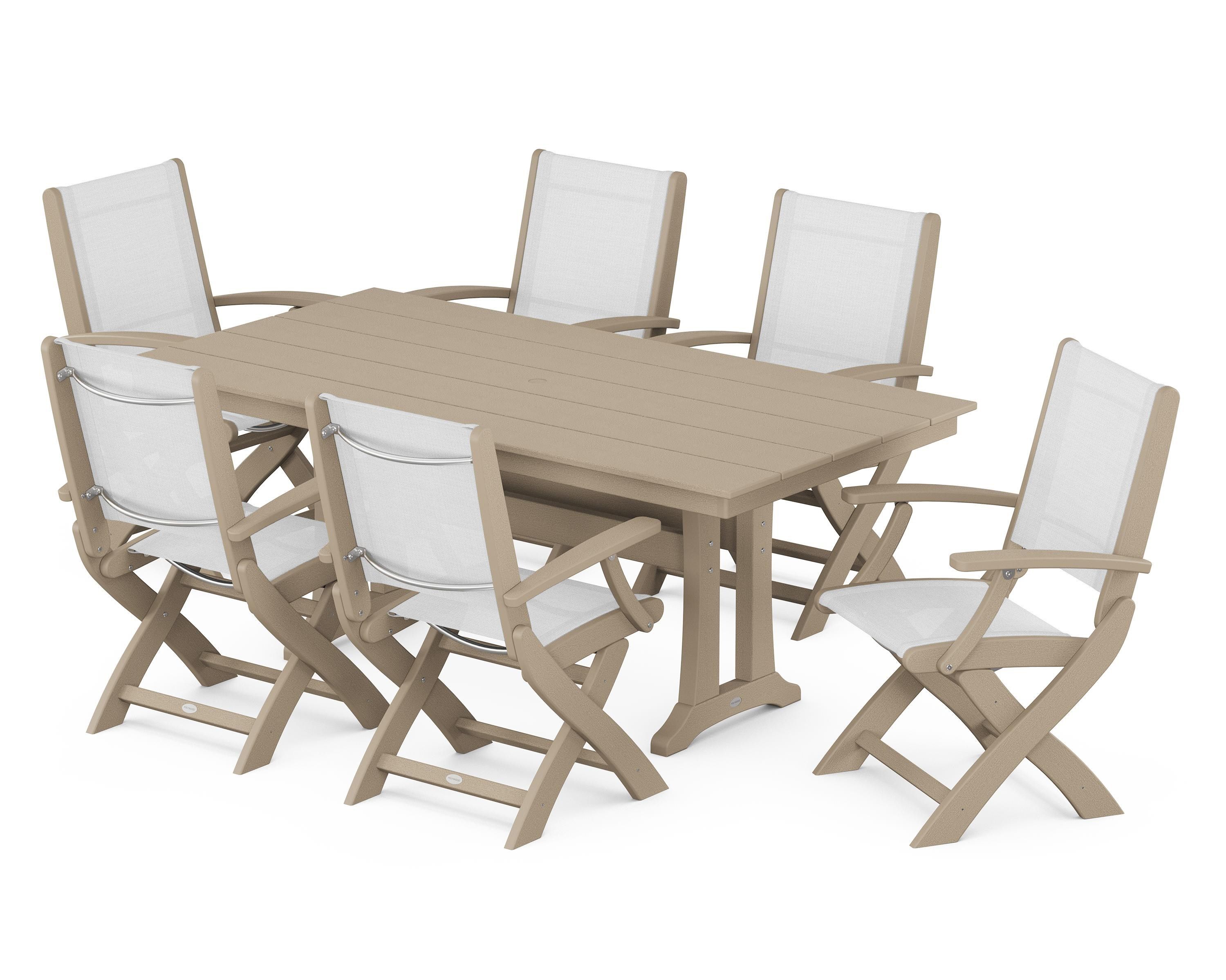 POLYWOOD Coastal Folding Arm Chair 7-Piece Farmhouse Dining Set with Trestle Legs in Vintage Sahara / White Sling