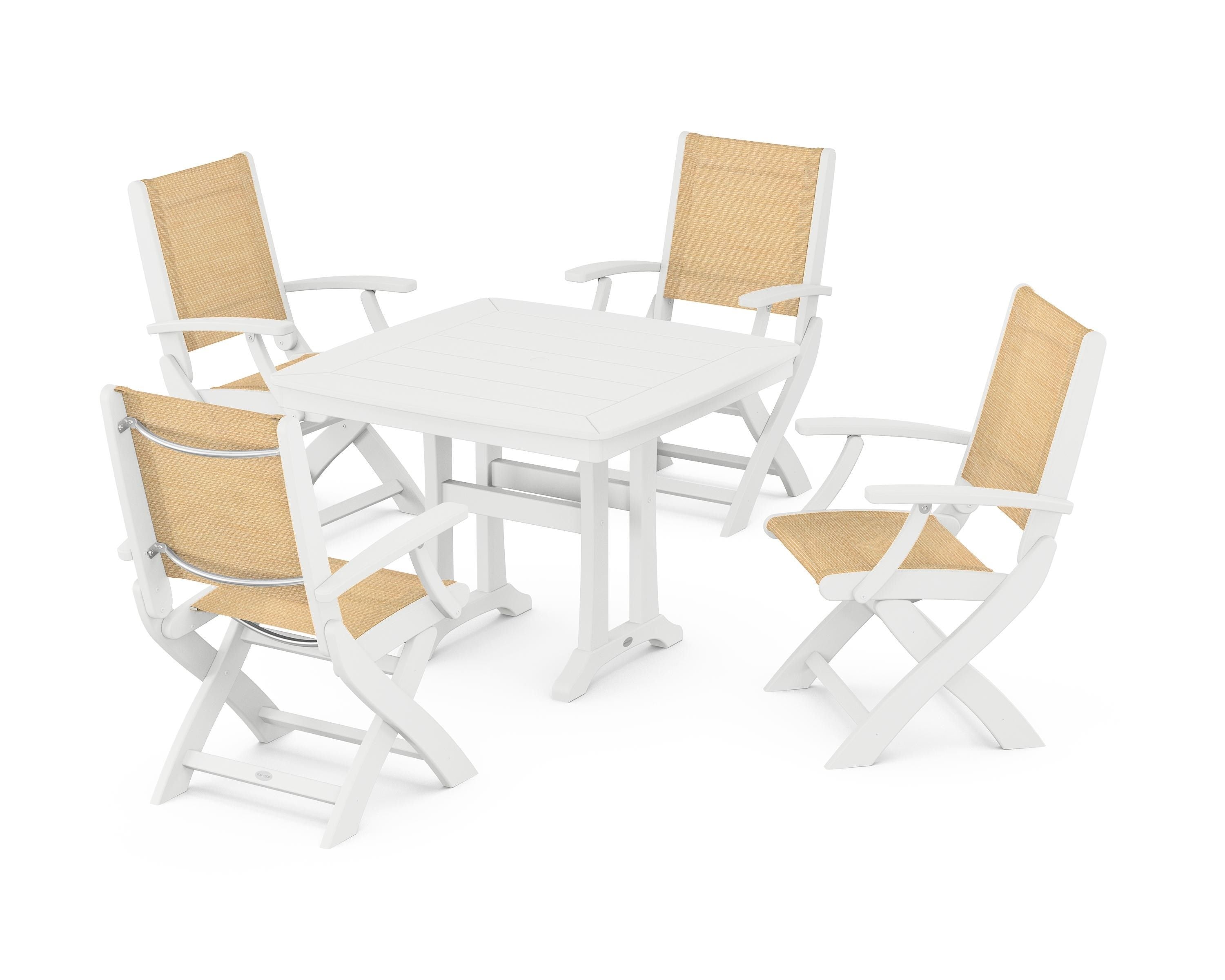 POLYWOOD Coastal Folding Chair 5-Piece Dining Set with Trestle Legs in White / Dupioni Apricot Sling