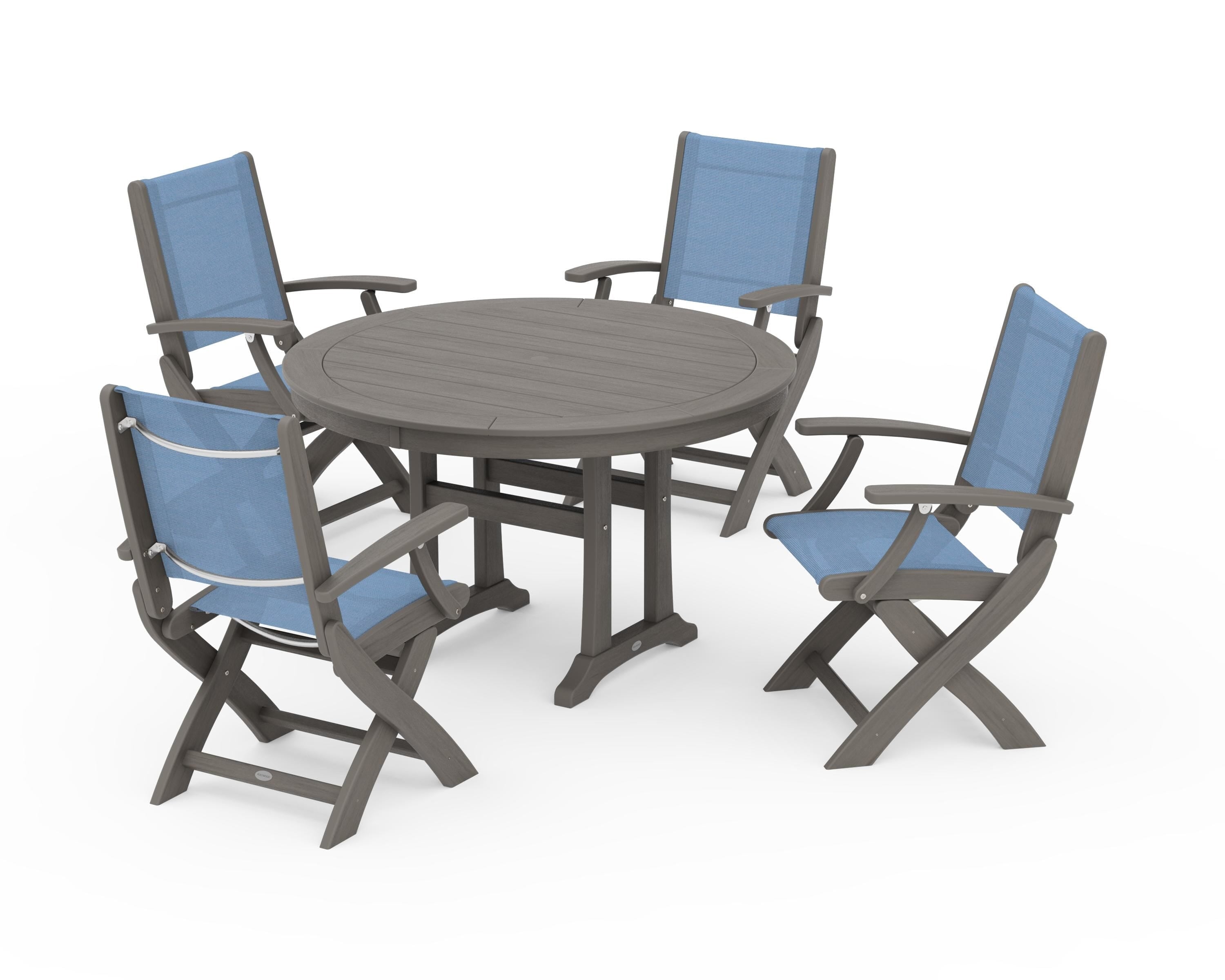 POLYWOOD Coastal Folding Chair 5-Piece Round Dining Set with Trestle Legs in Driftwood / Poolside Sling