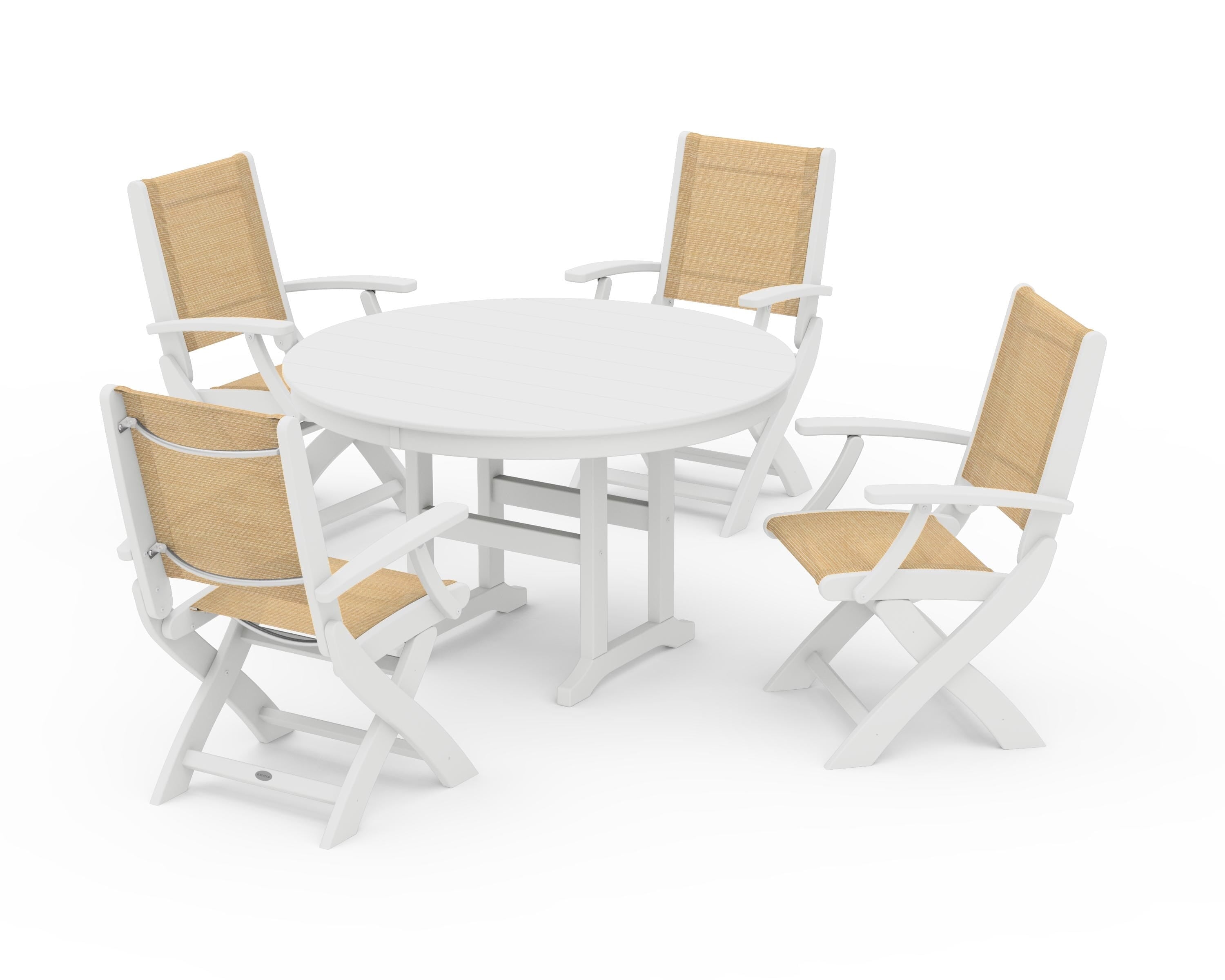 POLYWOOD Coastal Folding Chair 5-Piece Round Dining Set in White / Dupioni Apricot Sling