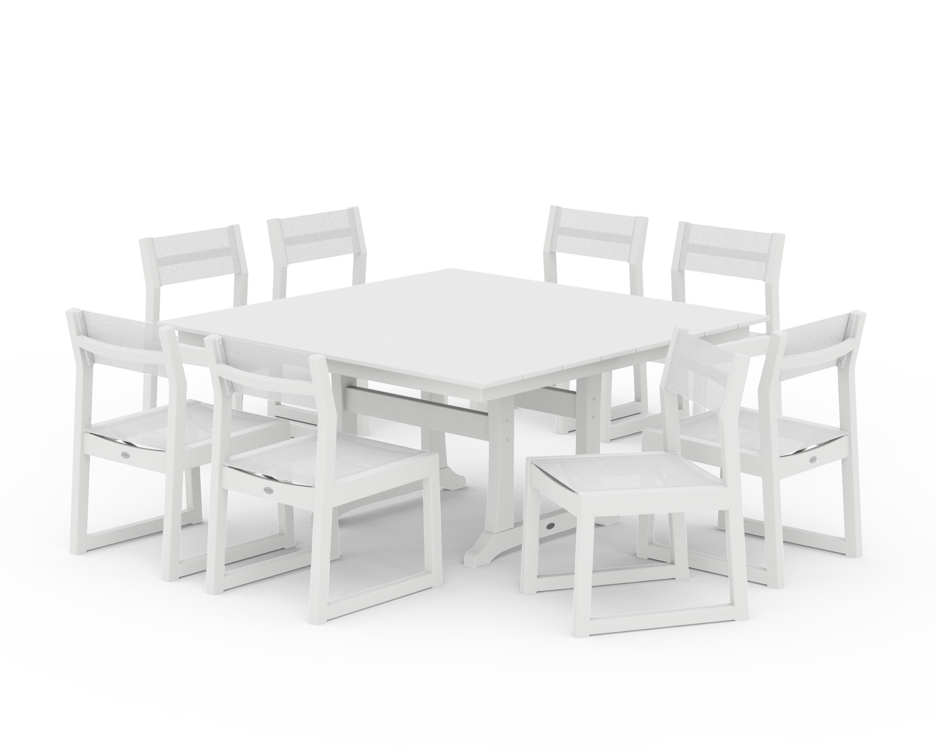 POLYWOOD EDGE Sling Side Chair 9-Piece Farmhouse Trestle Dining Set in White / White Sling