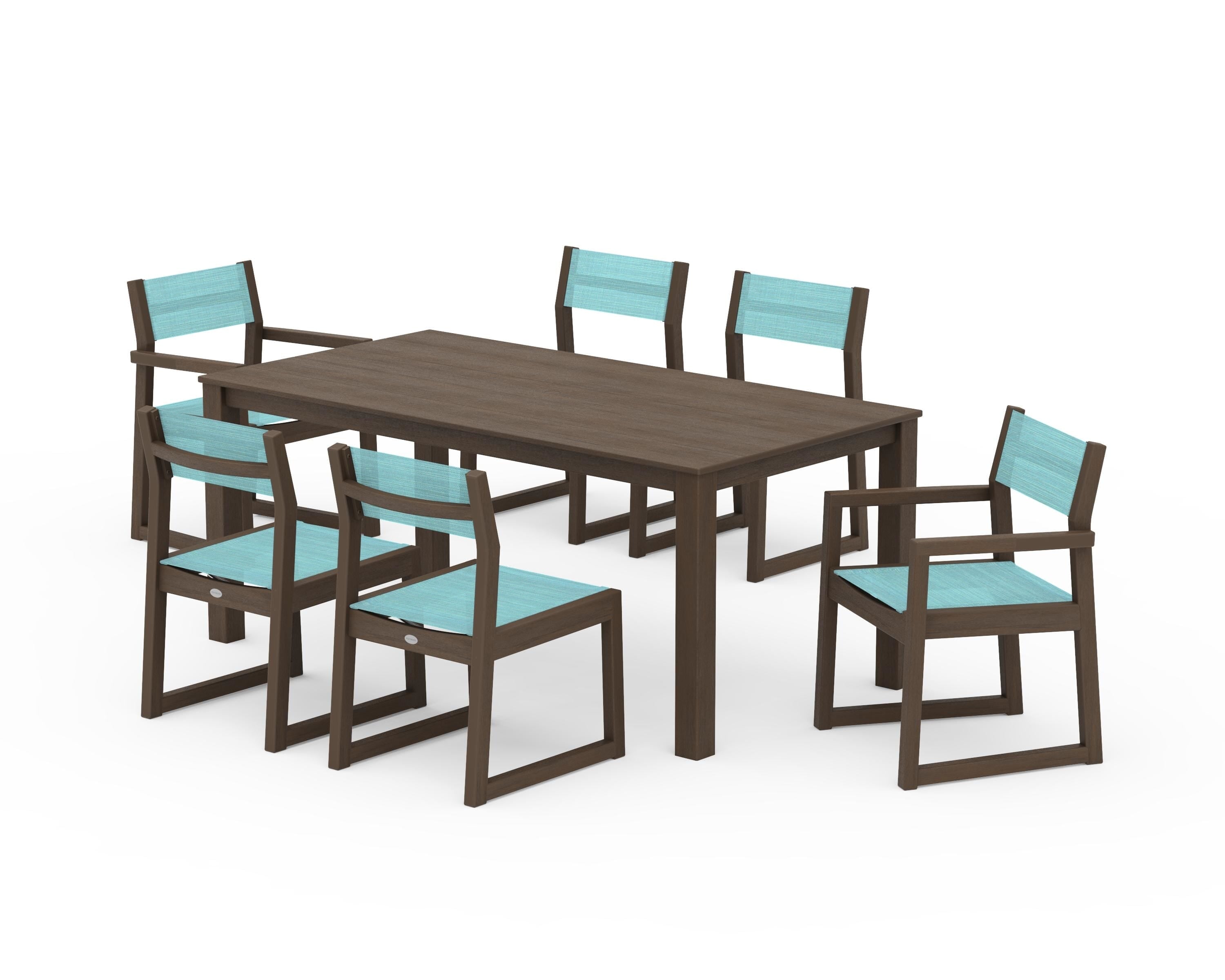 POLYWOOD EDGE Sling 7-Piece Parsons Dining Set in Kona / Dupioni Aquamarine Sling