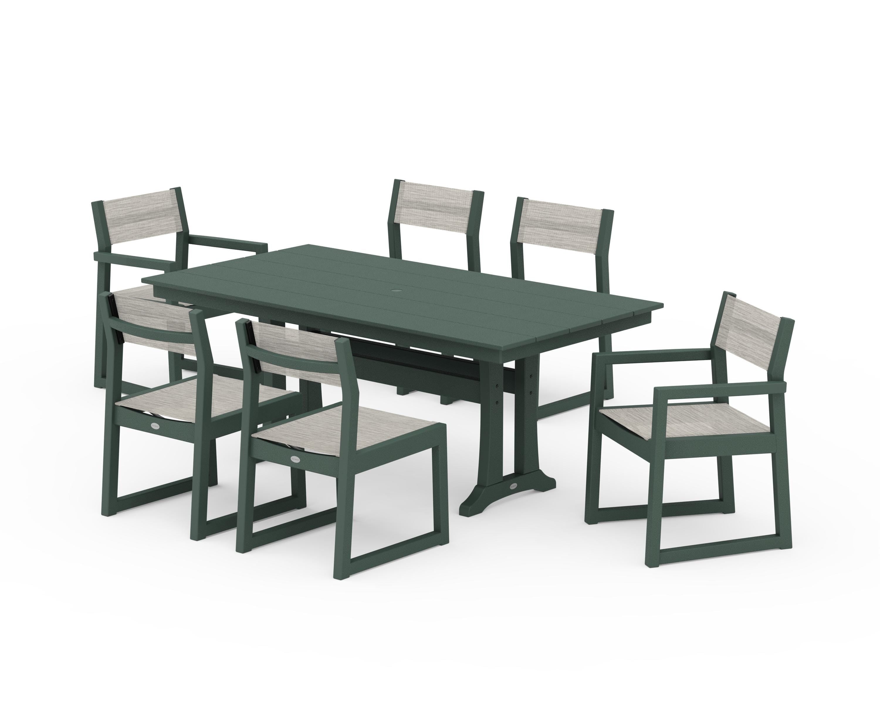 POLYWOOD EDGE Sling 7-Piece Farmhouse Trestle Dining Set in Green / Birch Sling