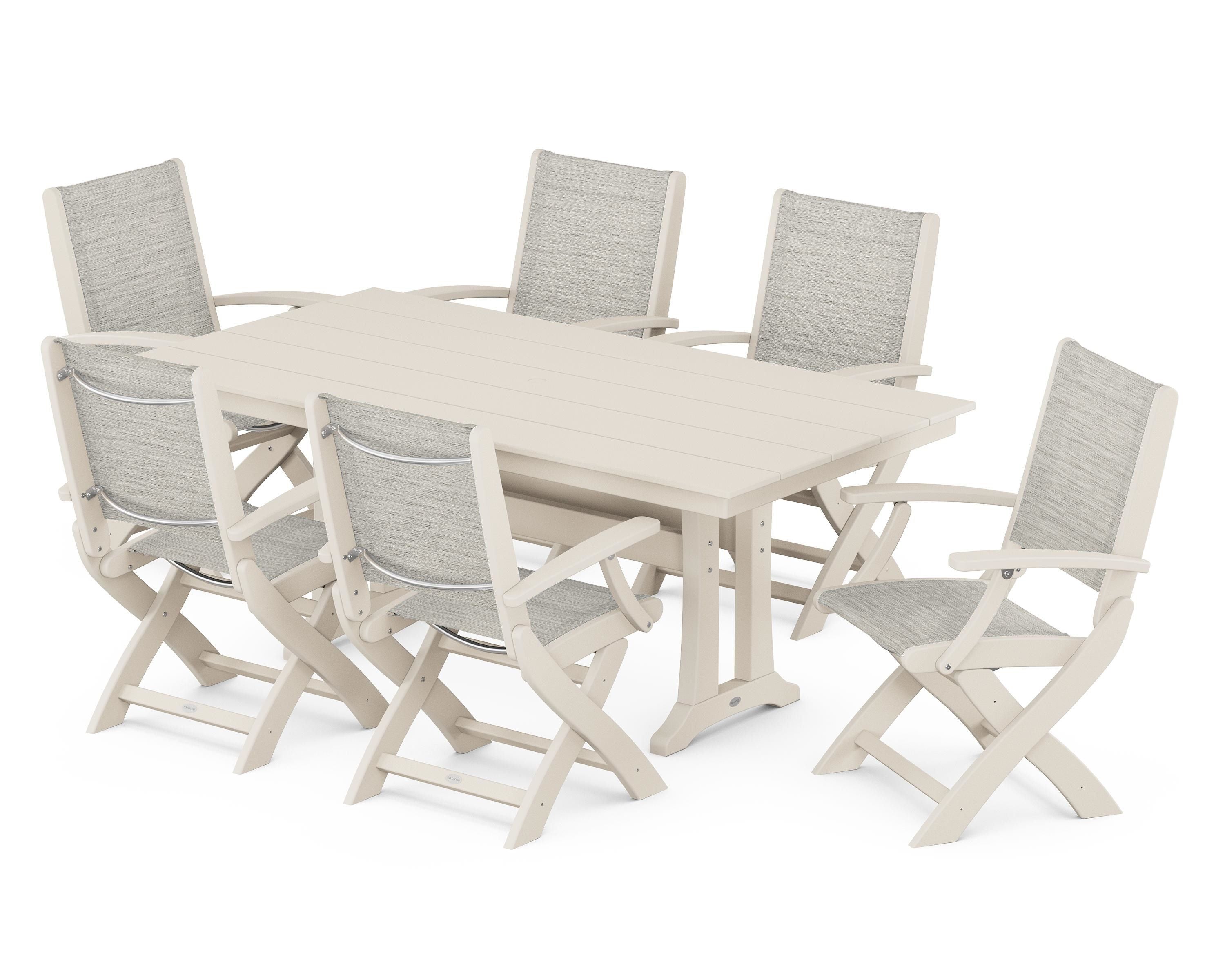 POLYWOOD Coastal Folding Arm Chair 7-Piece Farmhouse Dining Set with Trestle Legs in Sand / Birch Sling