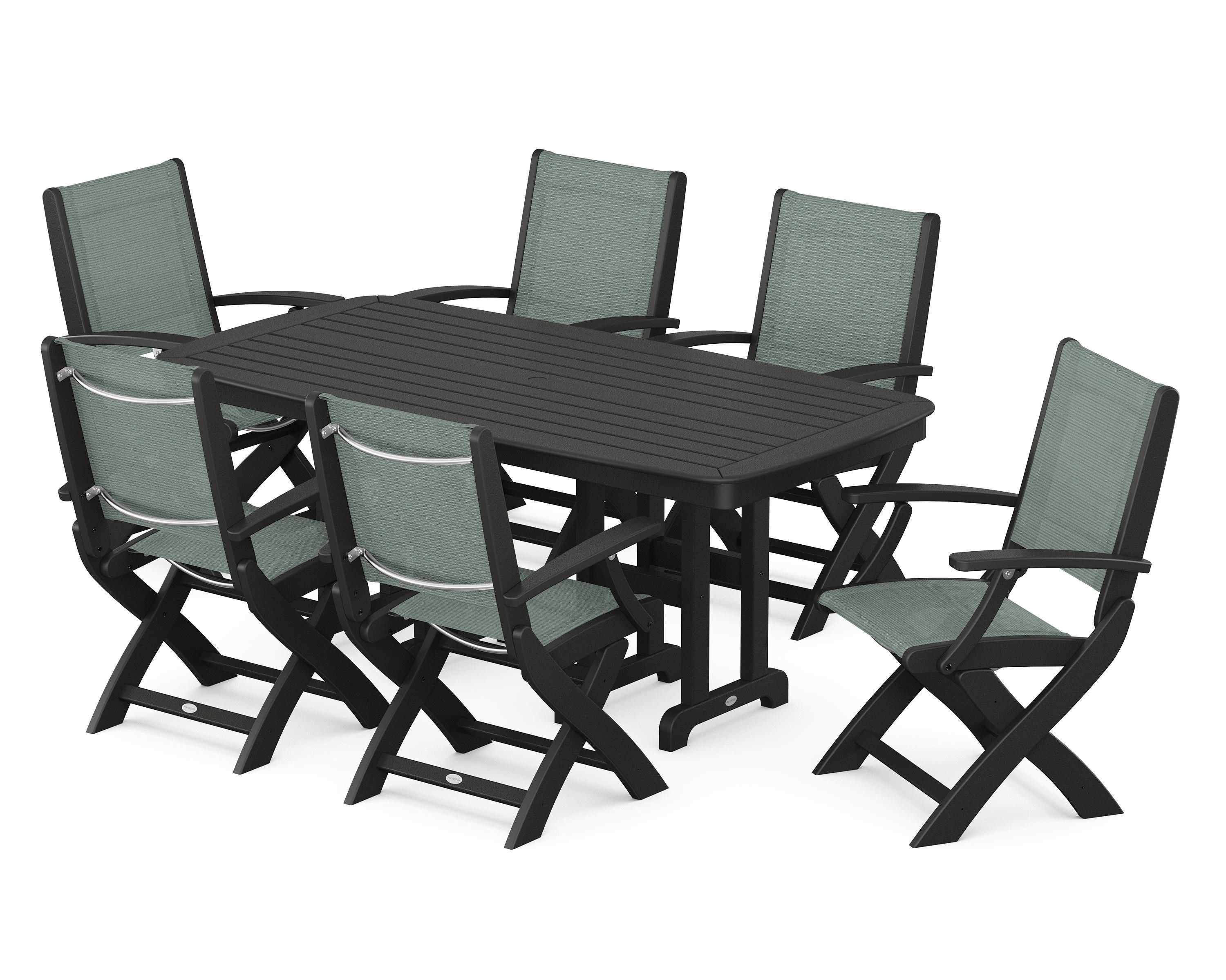 POLYWOOD Coastal Folding Arm Chair 7-Piece Dining Set in Black / Dupioni Sea Mist Sling