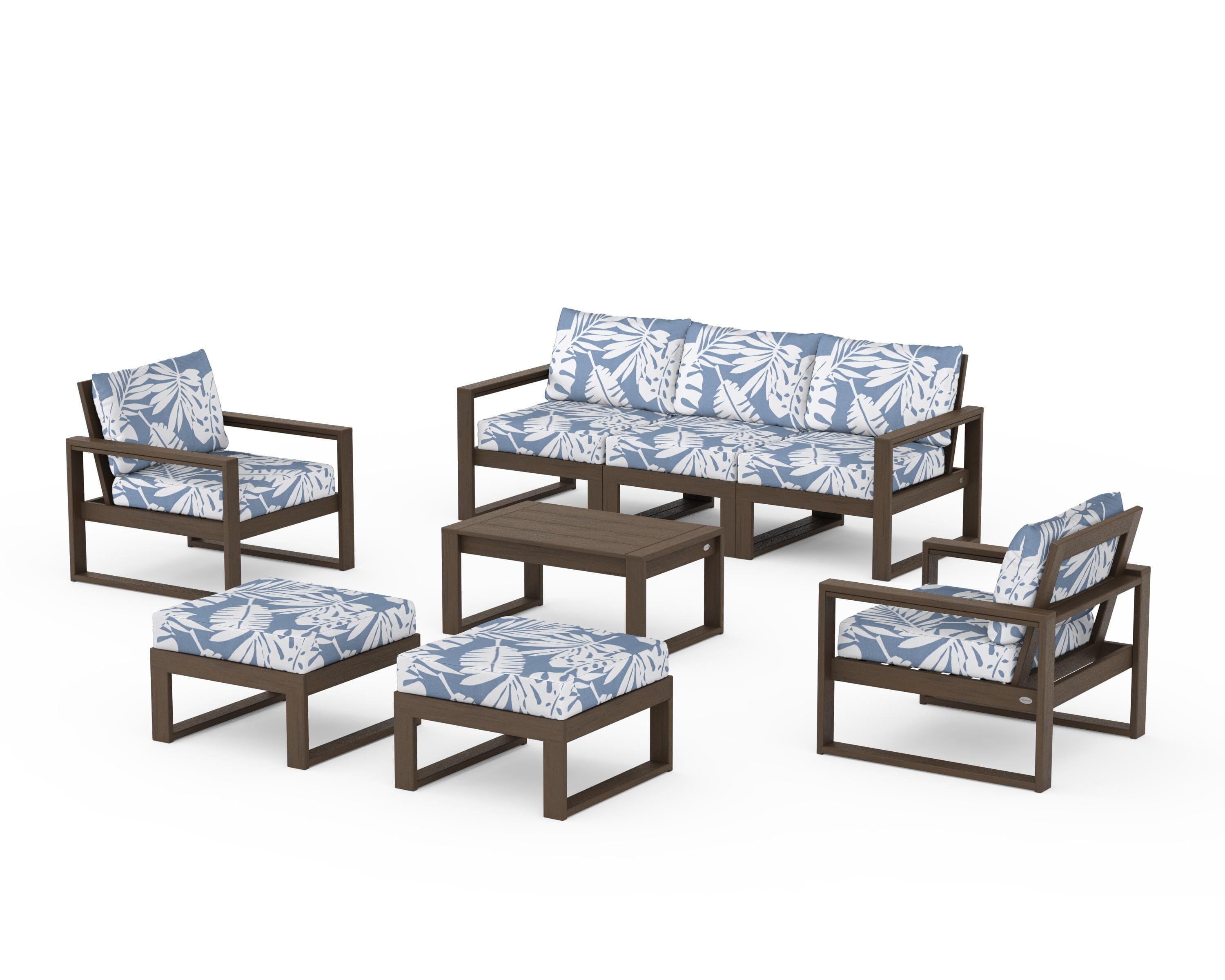POLYWOOD EDGE Sectional 8-Piece Lounge Sofa Set in Kona / Leaf Sky Blue