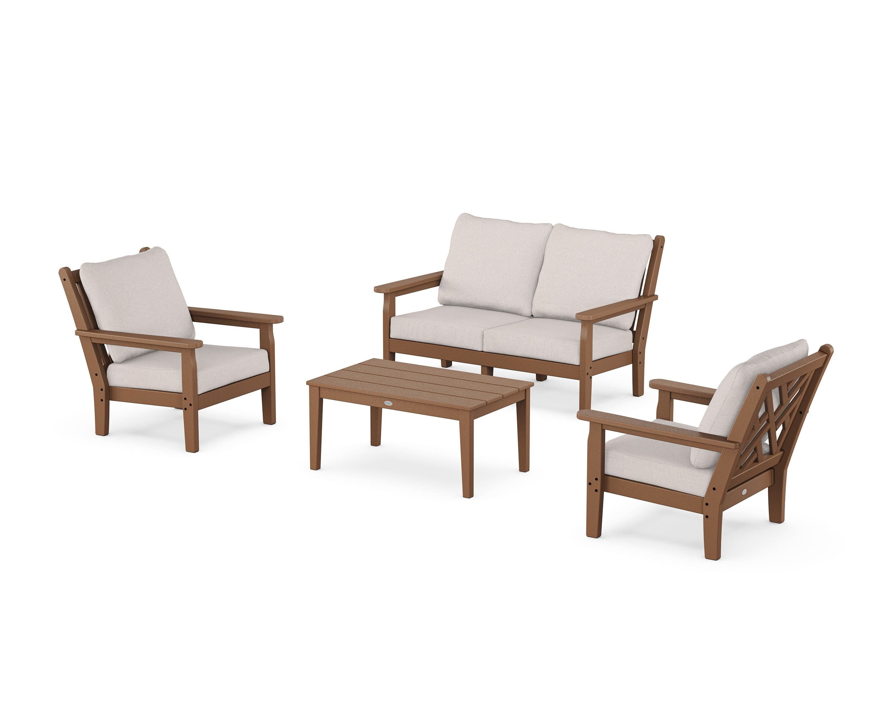POLYWOOD Chippendale 4-Piece Deep Seating Set with Loveseat in Teak / Dune Burlap