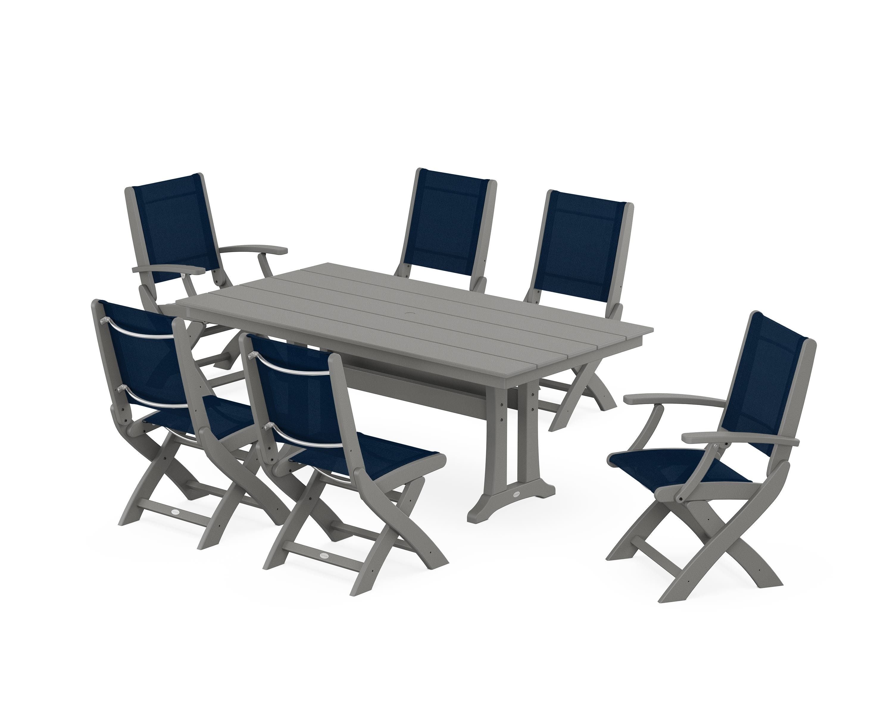 POLYWOOD Coastal Folding Chair 7-Piece Farmhouse Dining Set with Trestle Legs in Slate Grey / Navy Blue Sling