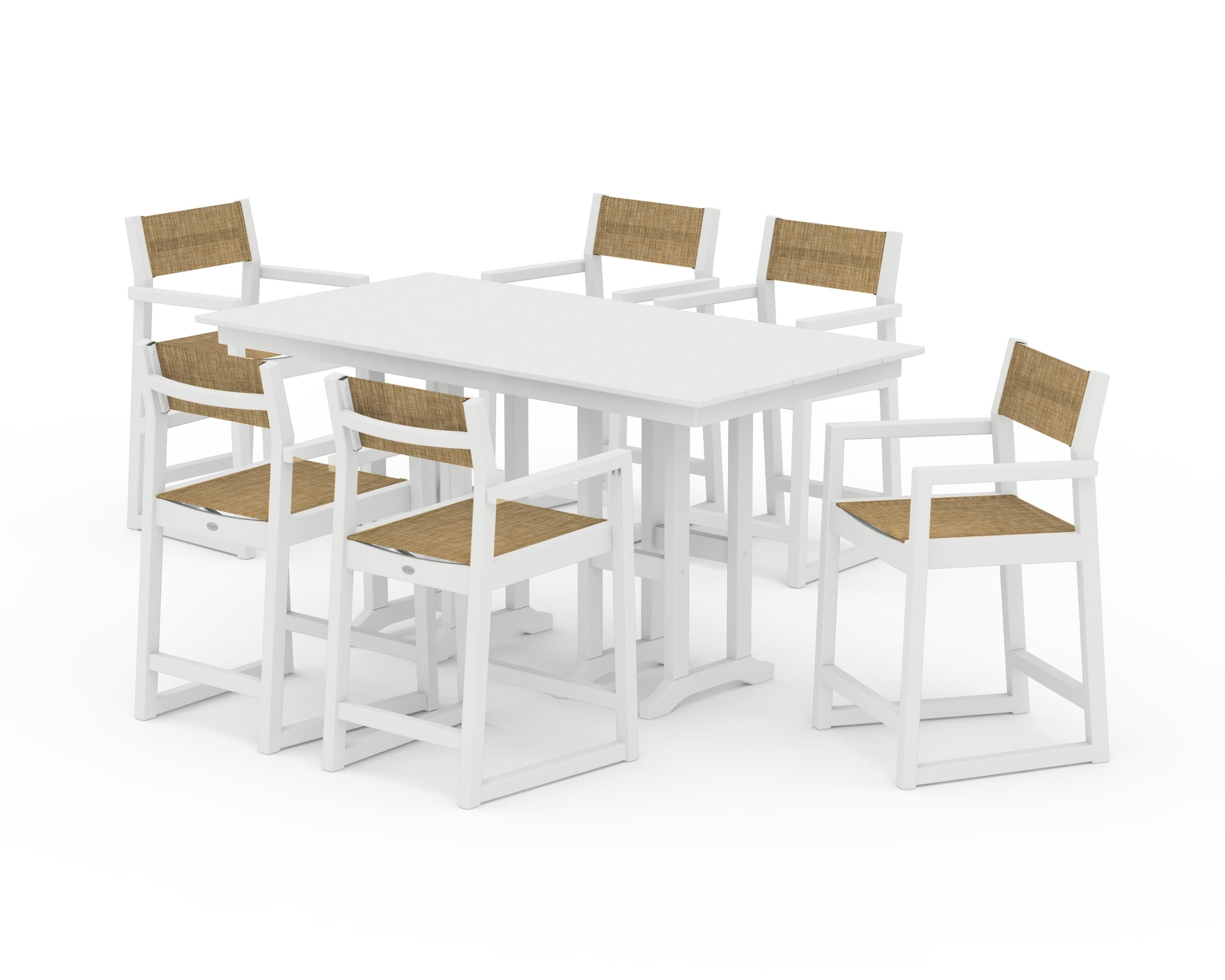POLYWOOD EDGE Sling Arm Chair 7-Piece Farmhouse Counter Set in White / Burlap Sling