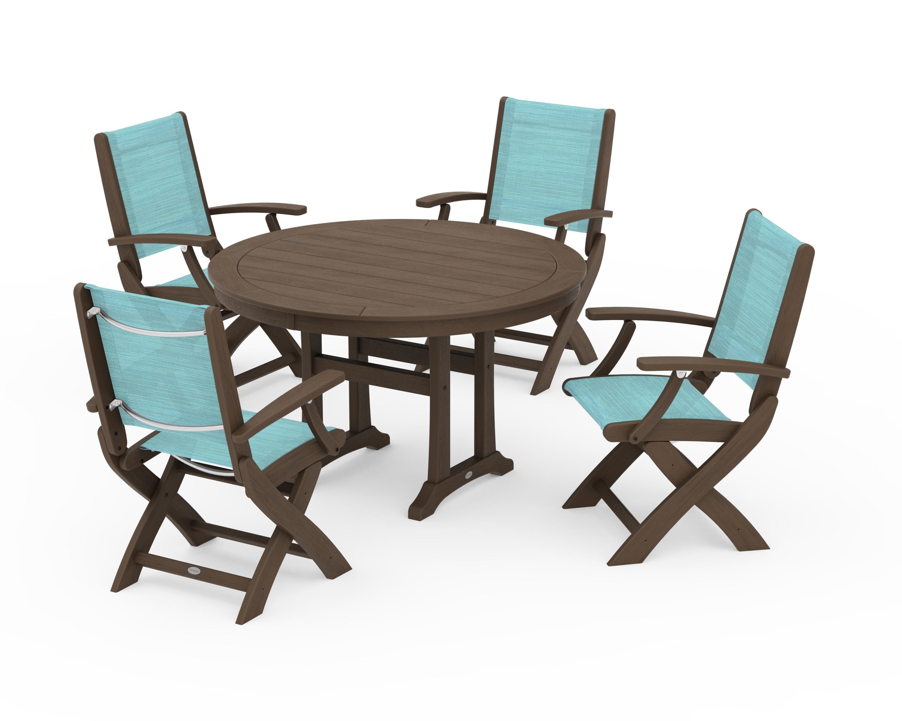 POLYWOOD Coastal Folding Chair 5-Piece Round Dining Set with Trestle Legs in Kona / Dupioni Aquamarine Sling