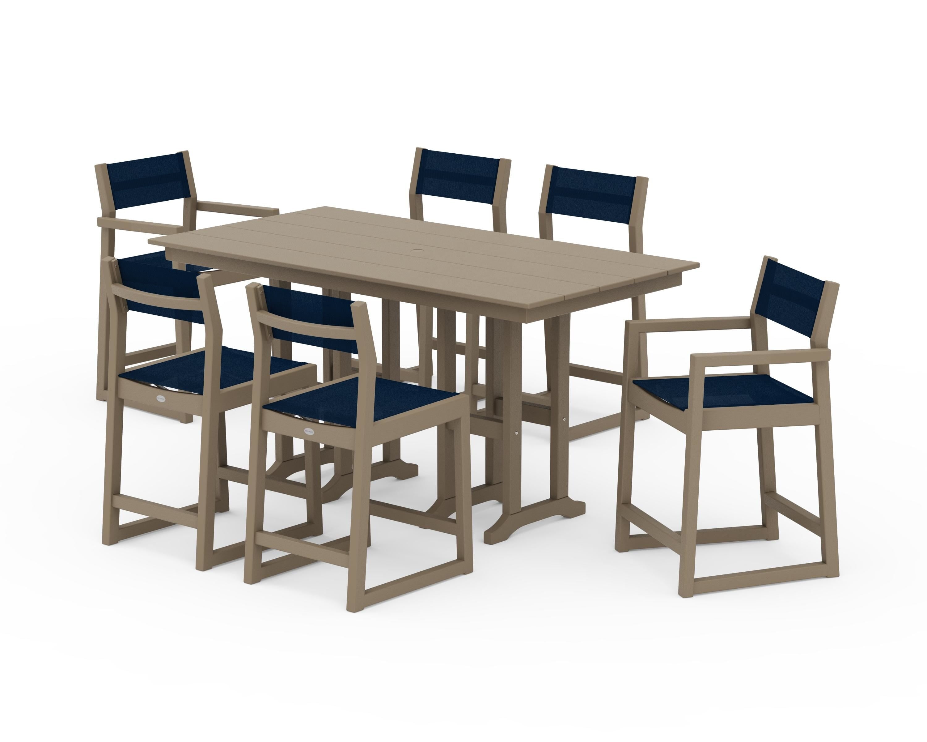 POLYWOOD EDGE Sling 7-Piece Farmhouse Counter Set in Vintage Sahara / Navy Blue Sling