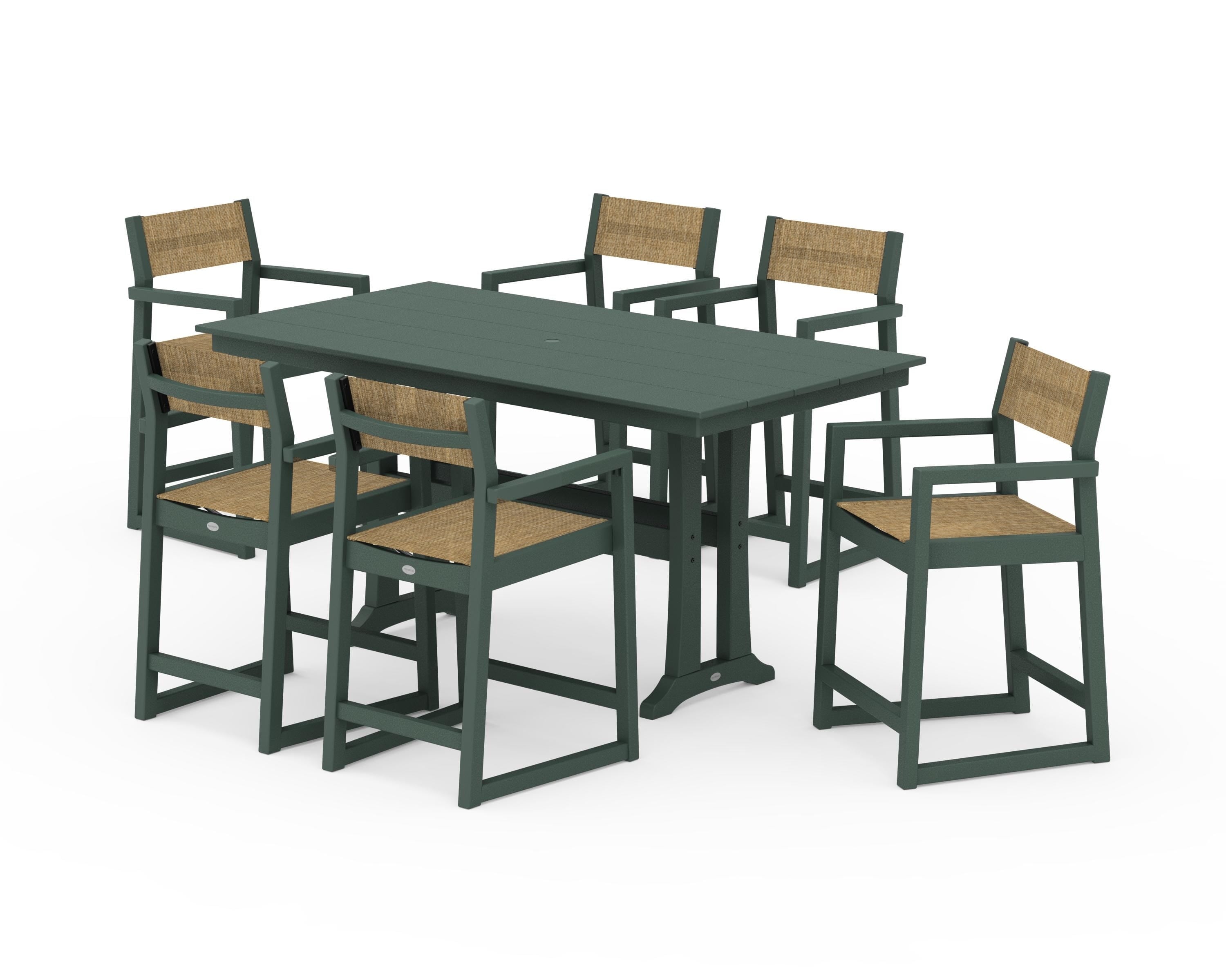 POLYWOOD EDGE Sling Arm Chair 7-Piece Farmhouse Counter Set with Trestle Legs in Green / Burlap Sling
