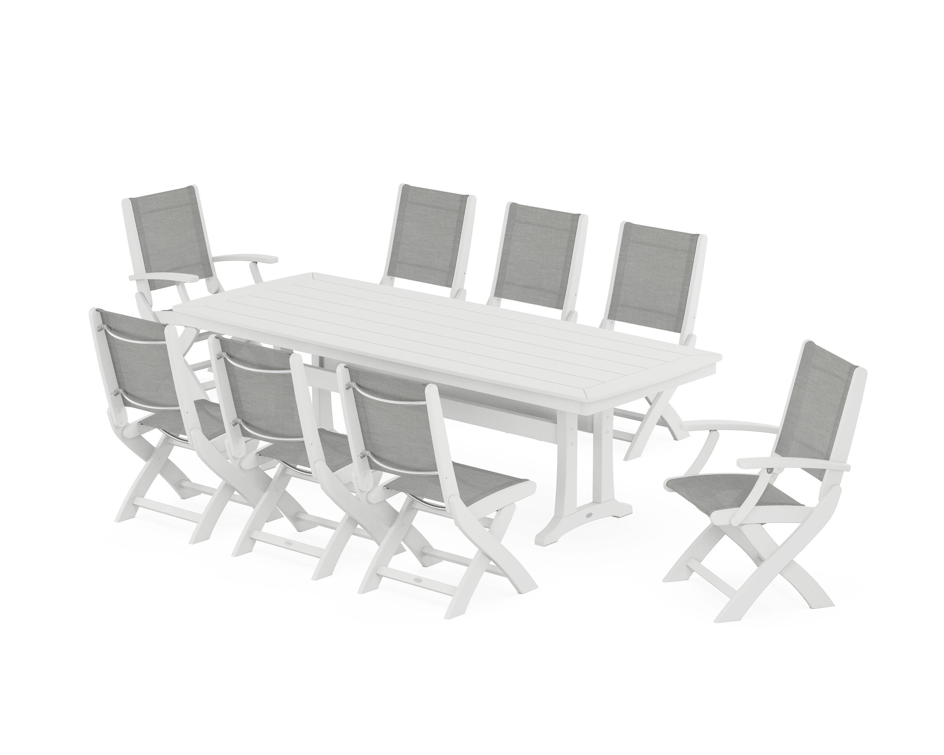 POLYWOOD Coastal Folding 9-Piece Dining Set with Trestle Legs in White / Metallic Sling