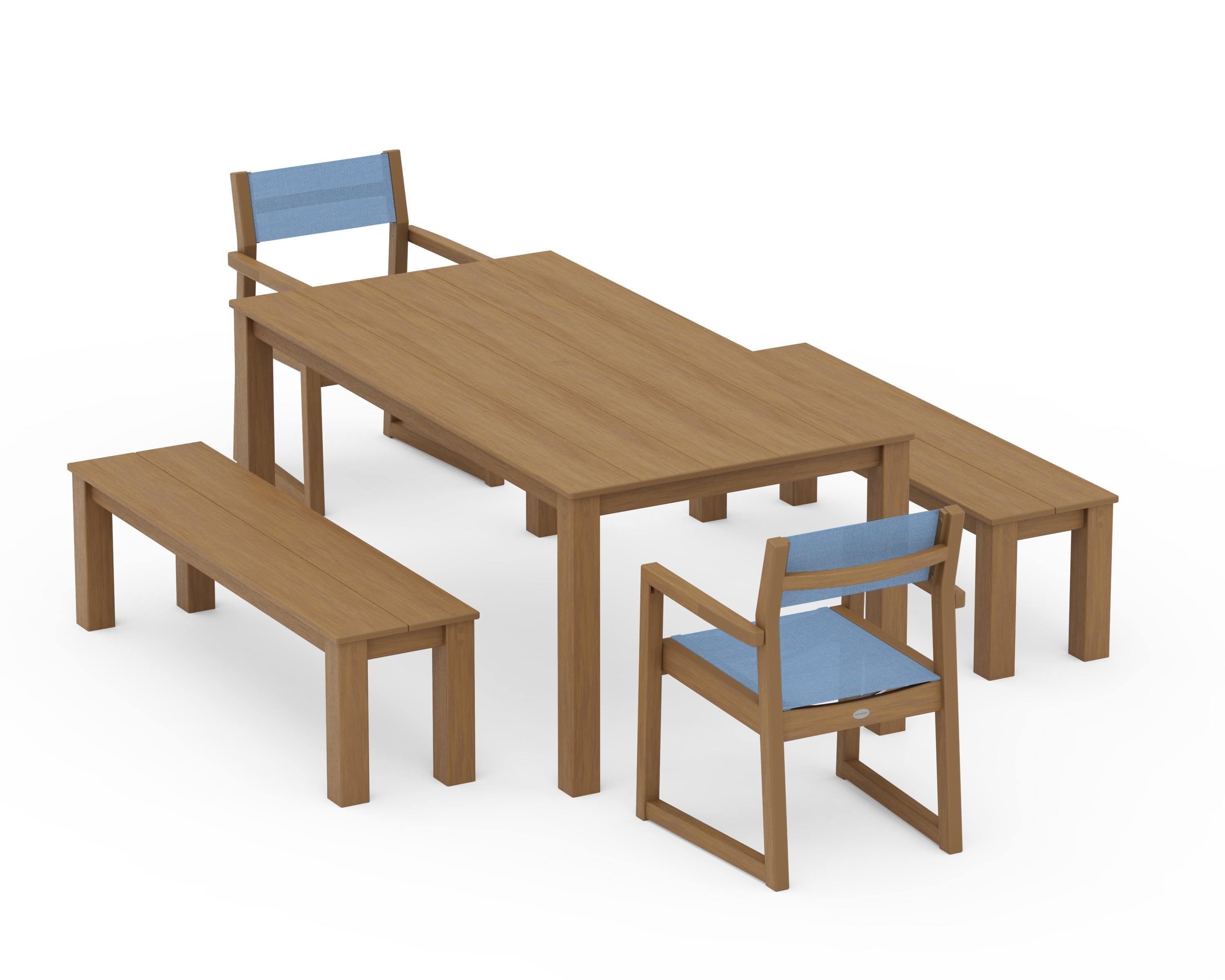 POLYWOOD EDGE Sling Arm Chair 5-Piece Parsons Dining Set with Benches in Natural / Poolside Sling