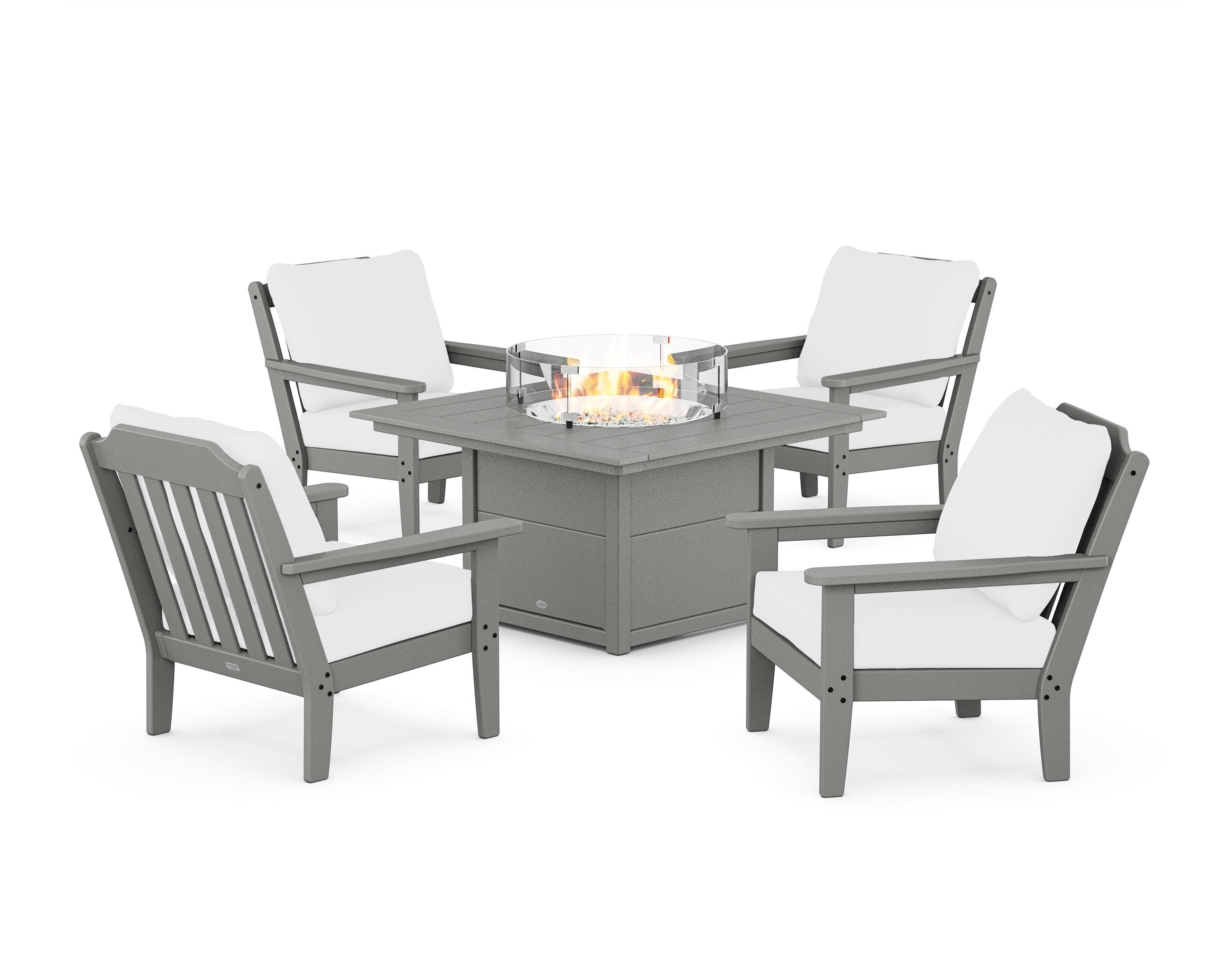 Country Living Cottage 5-Piece Deep Seating Set with Fire Pit Table in Slate Grey / Natural
