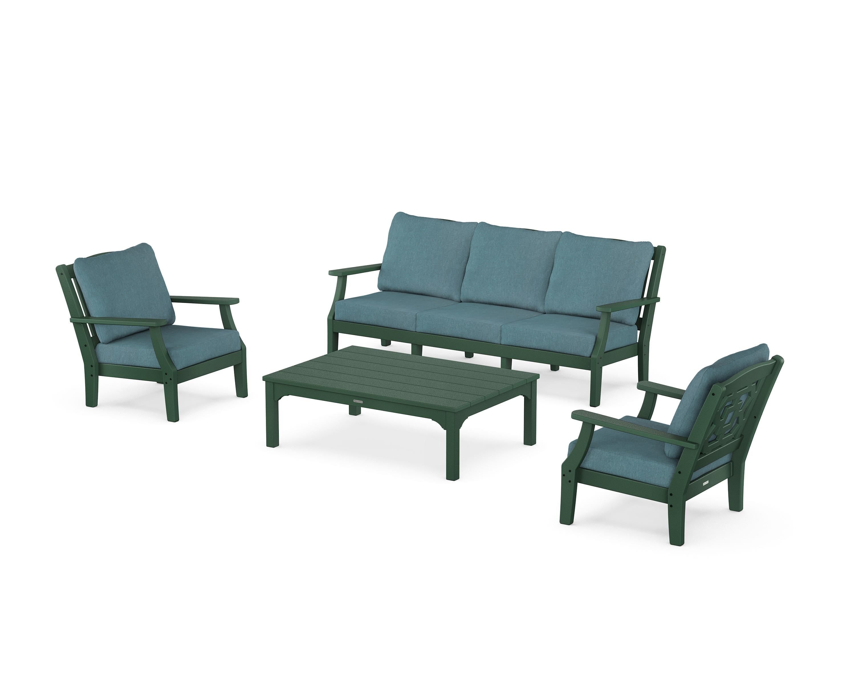 Martha Stewart by POLYWOOD Chinoiserie 4-Piece Deep Seating Set with Sofa in Green / Ocean Teal