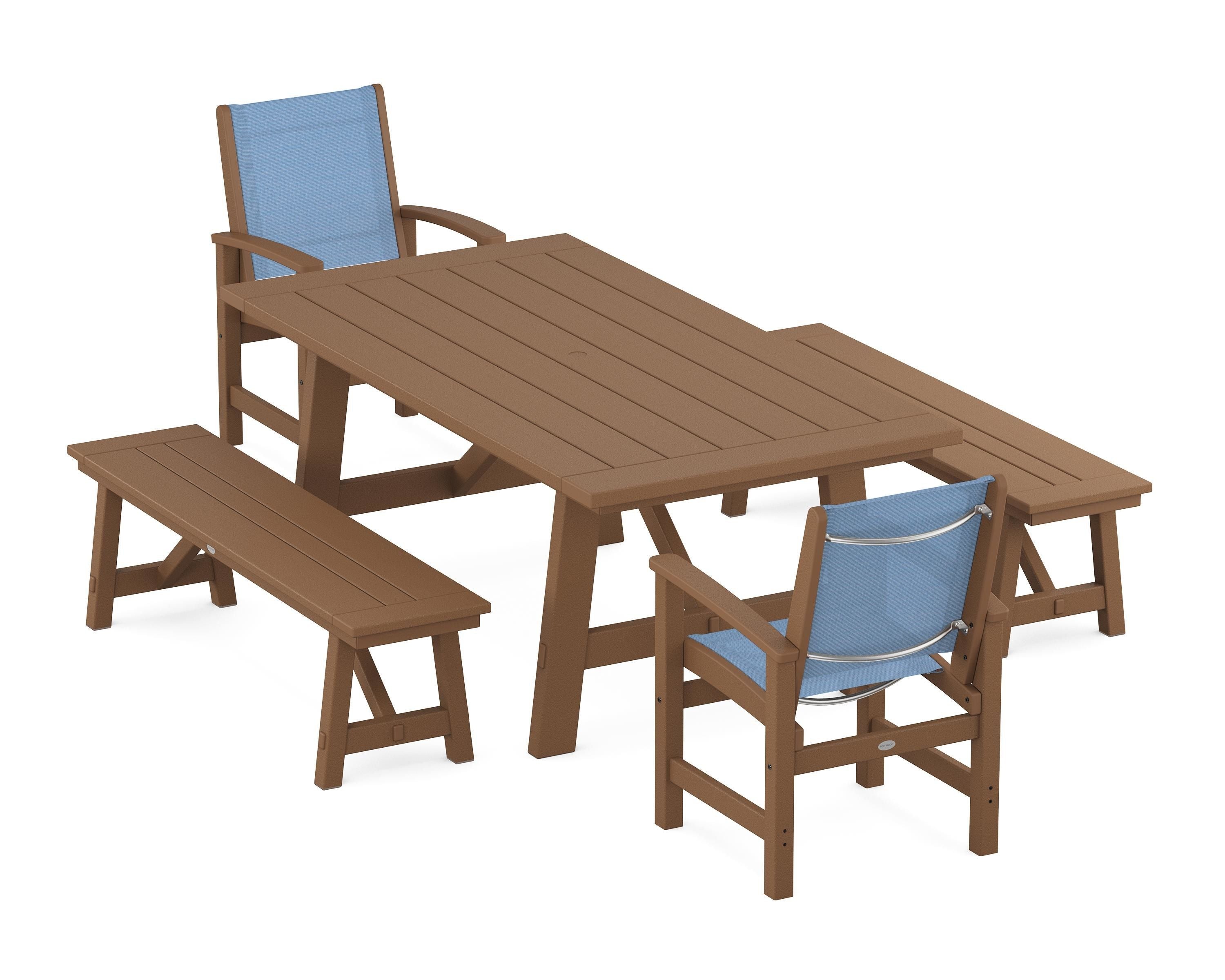 POLYWOOD Coastal 5-Piece Rustic Farmhouse Dining Set With Benches in Teak / Poolside Sling