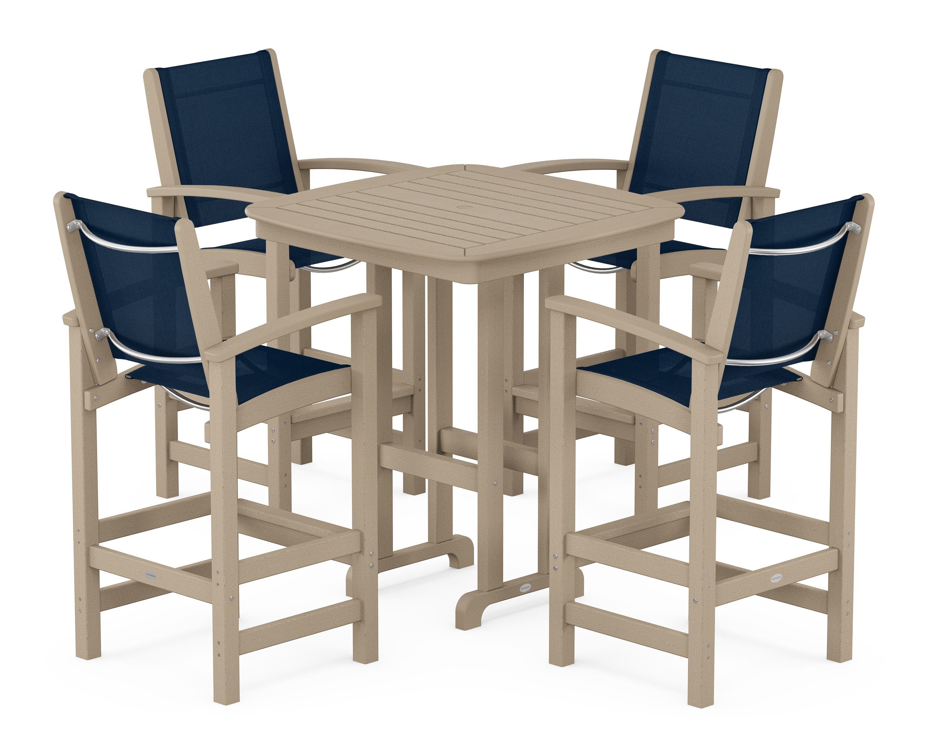 POLYWOOD Coastal 5-Piece Bar Set in Vintage Sahara / Navy Blue Sling