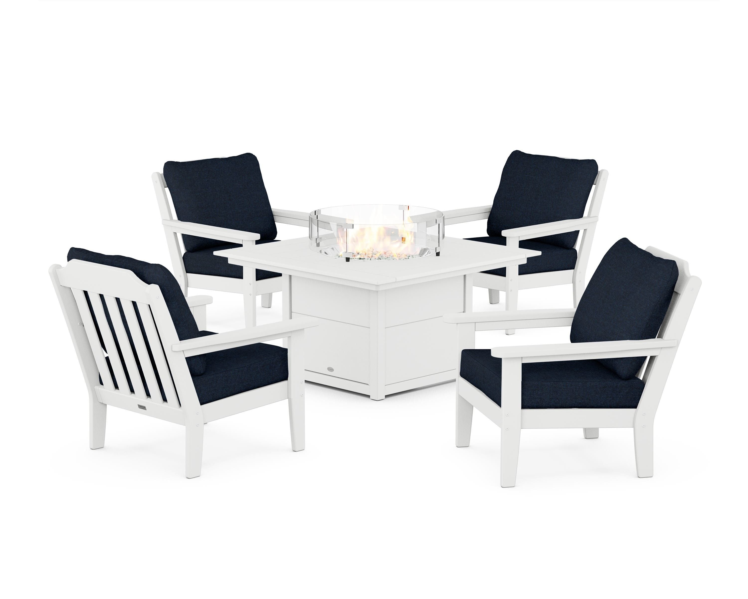 Country Living Cottage 5-Piece Deep Seating Set with Fire Pit Table in White / Marine Indigo
