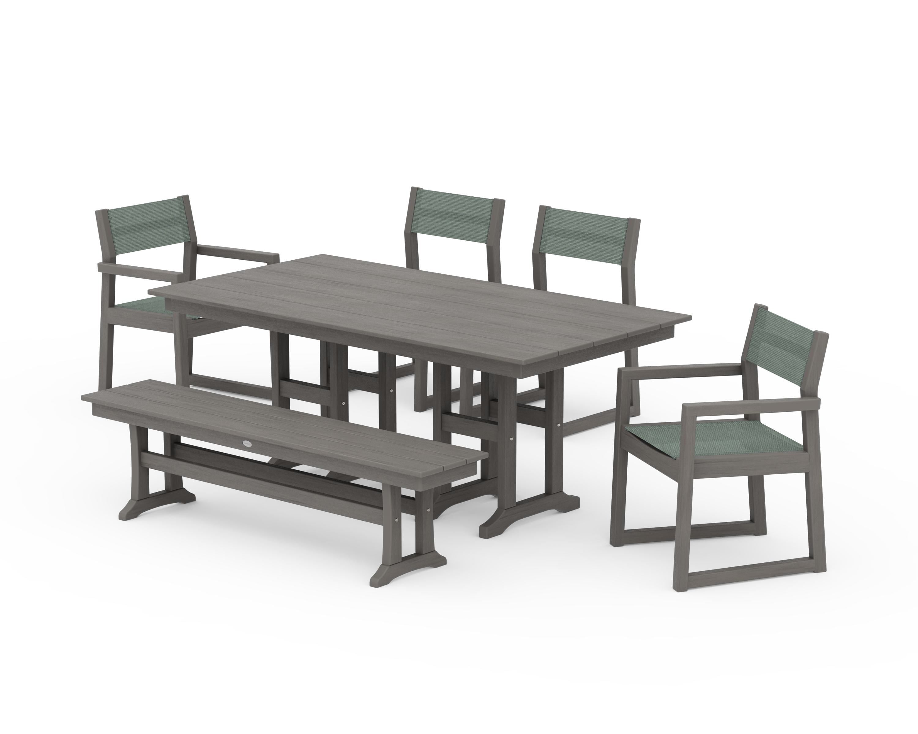 POLYWOOD EDGE Sling 6-Piece Farmhouse Dining Set in Driftwood / Dupioni Sea Mist Sling