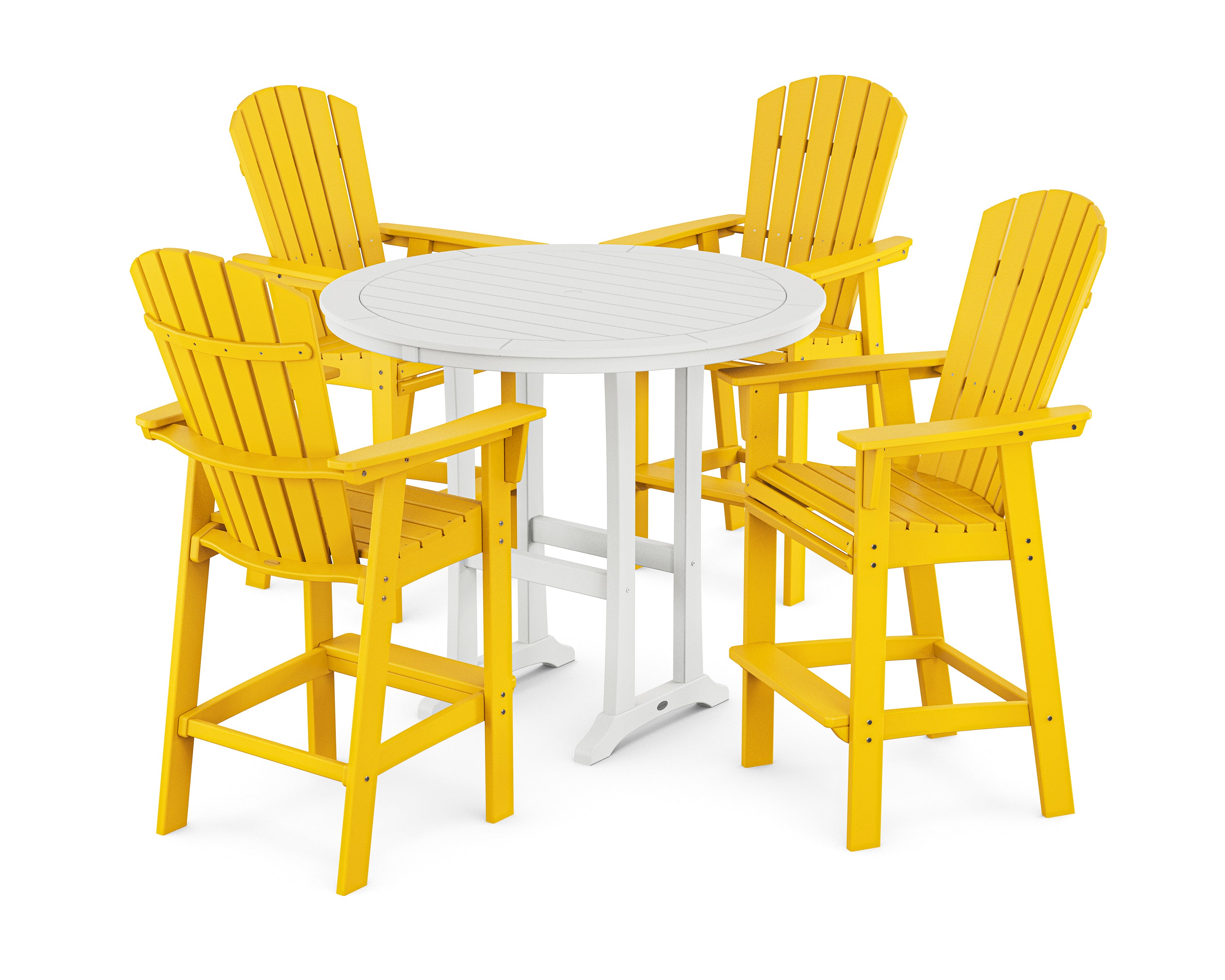 POLYWOOD® Nautical Curveback Adirondack 5-Piece Round Trestle Bar Set in Lemon / White