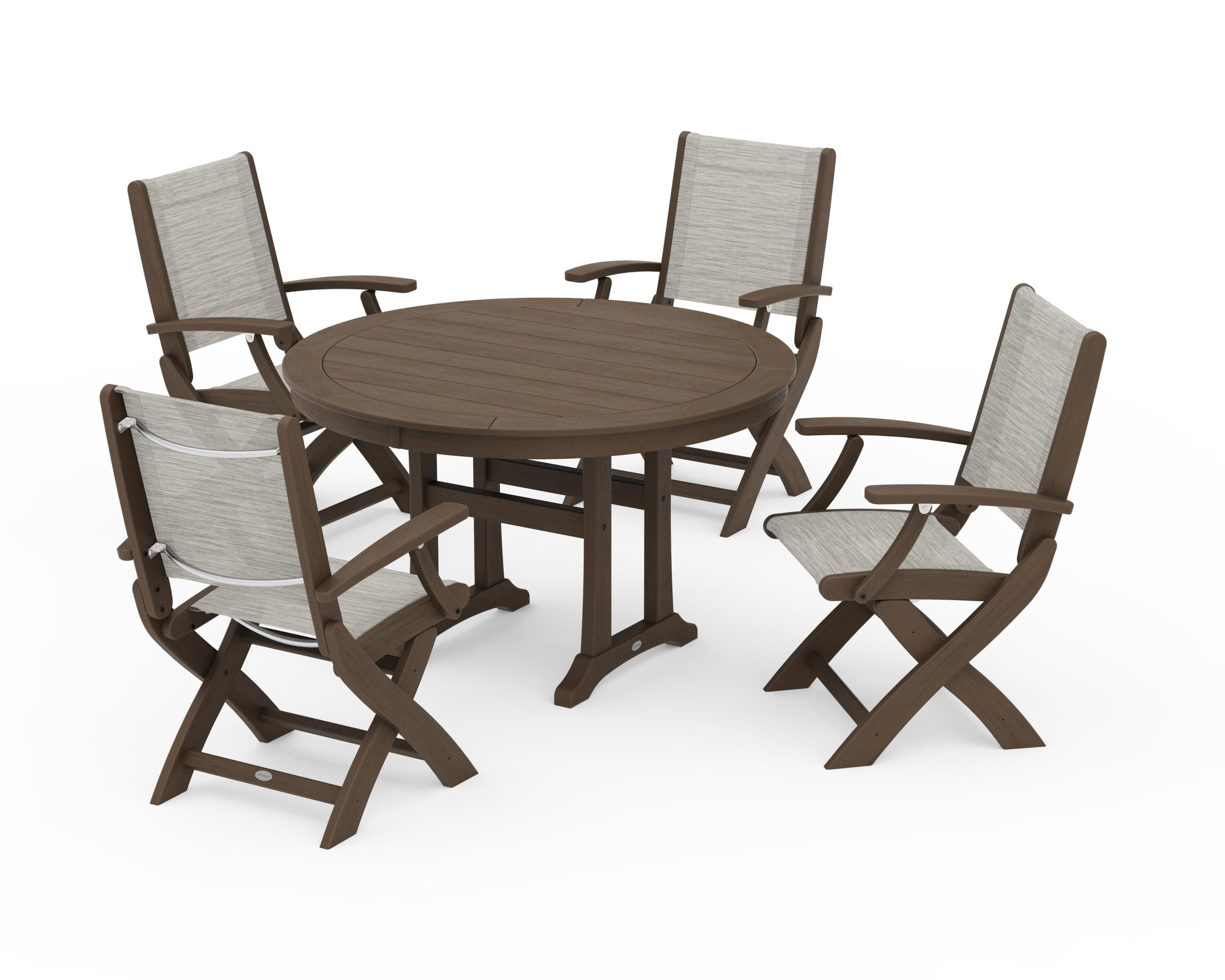 POLYWOOD Coastal Folding Chair 5-Piece Round Dining Set with Trestle Legs in Kona / Birch Sling