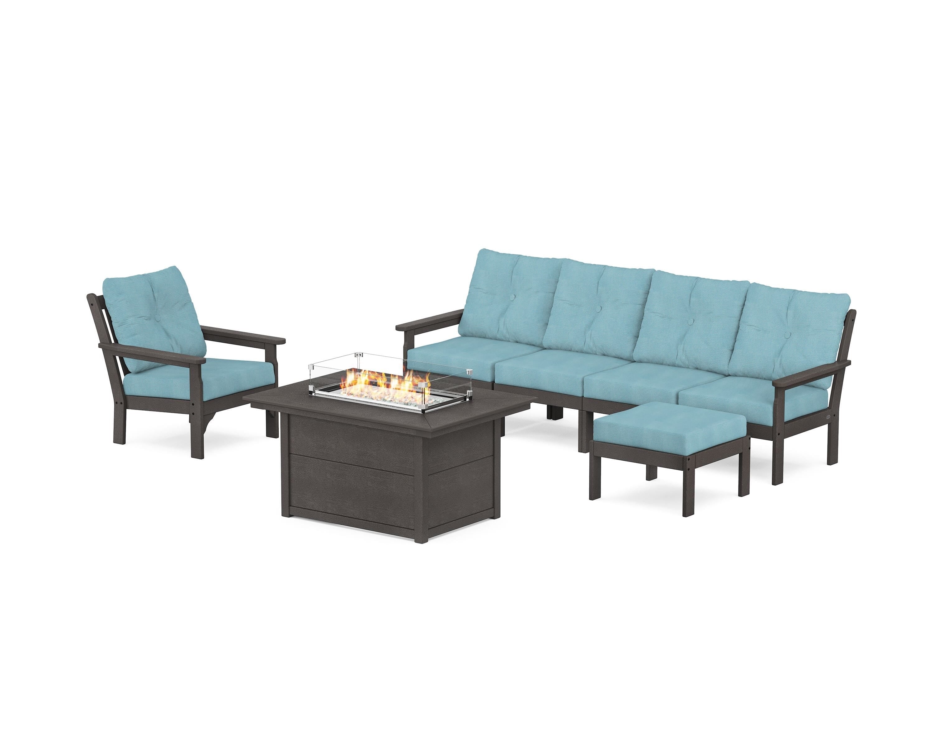 POLYWOOD Vineyard Sectional Lounge and Fire Pit Set in Vintage Coffee / Lattice Sky Blue