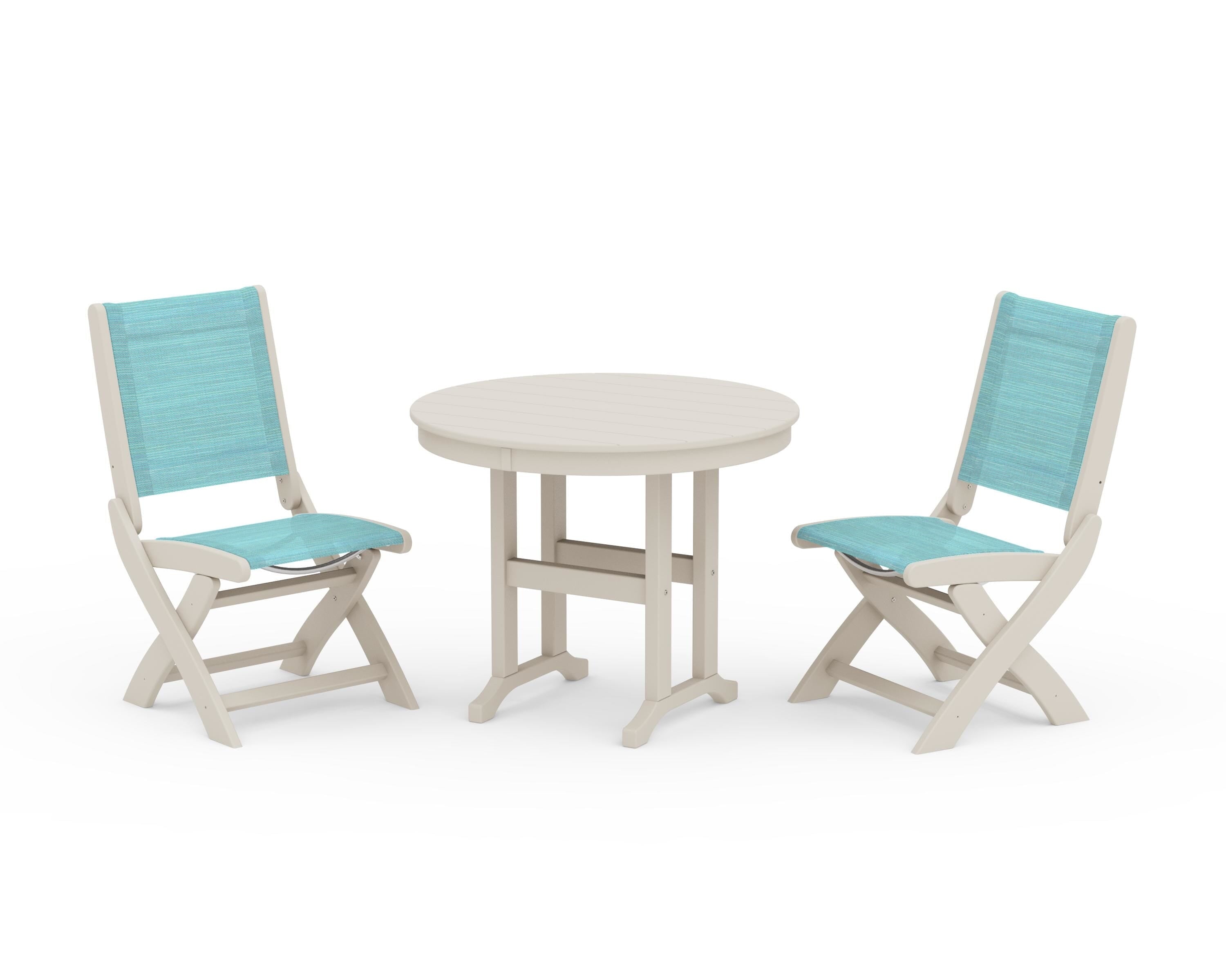 POLYWOOD Coastal Folding Side Chair 3-Piece Round Dining Set in Sand / Dupioni Aquamarine Sling