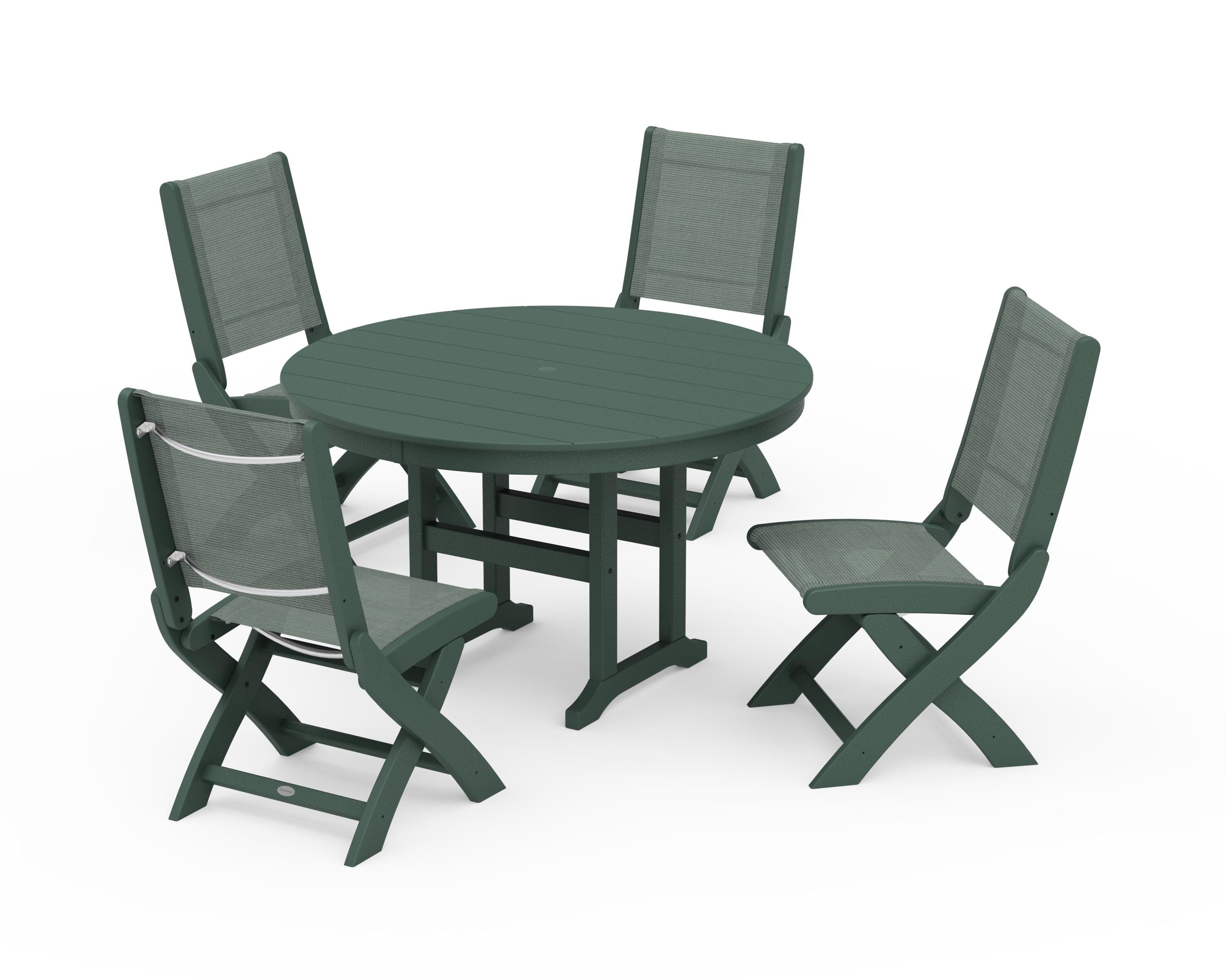 POLYWOOD Coastal Folding Side Chair 5-Piece Round Dining Set in Green / Dupioni Sea Mist Sling