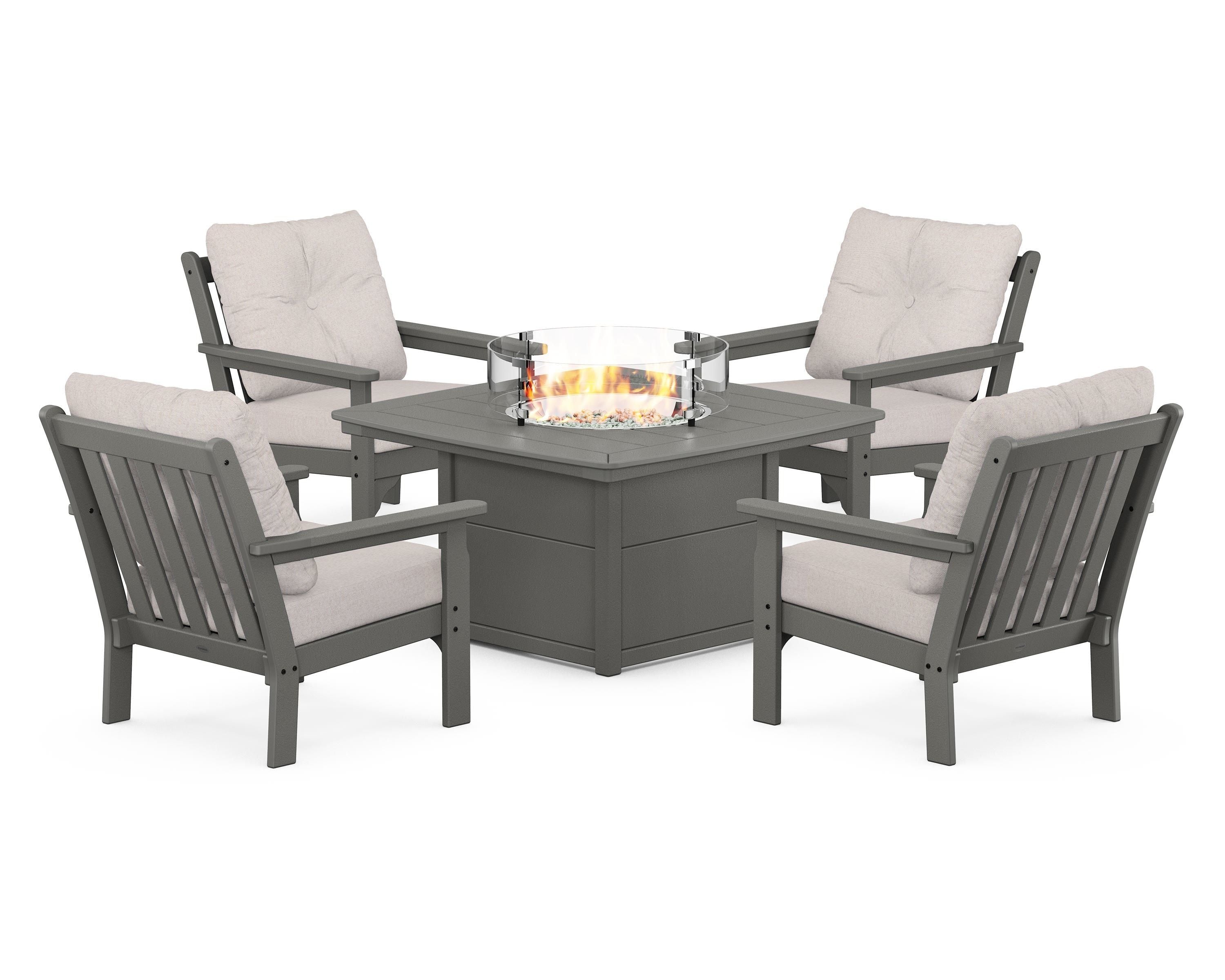 POLYWOOD Vineyard 5-Piece Conversation Set with Fire Pit Table in Slate Grey / Dune Burlap
