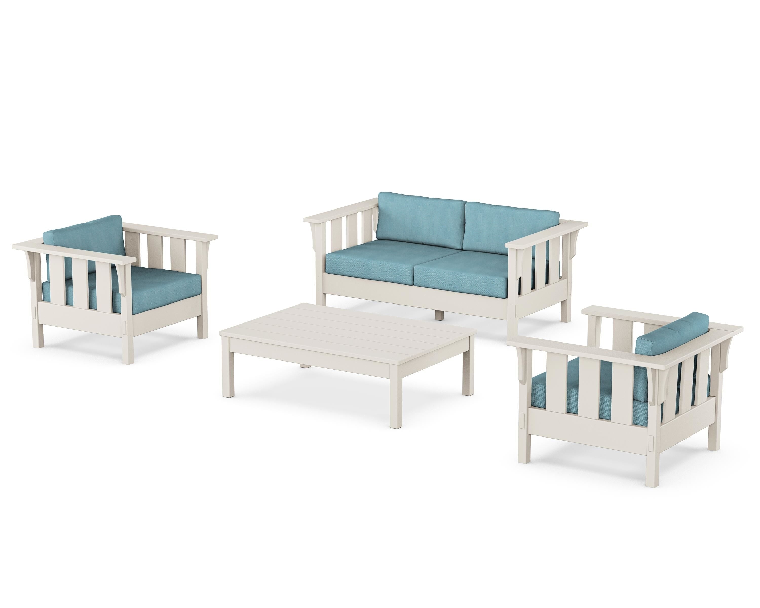 Martha Stewart by POLYWOOD Acadia 4-Piece Deep Seating Set with Loveseat in Sand / Lattice Sky Blue