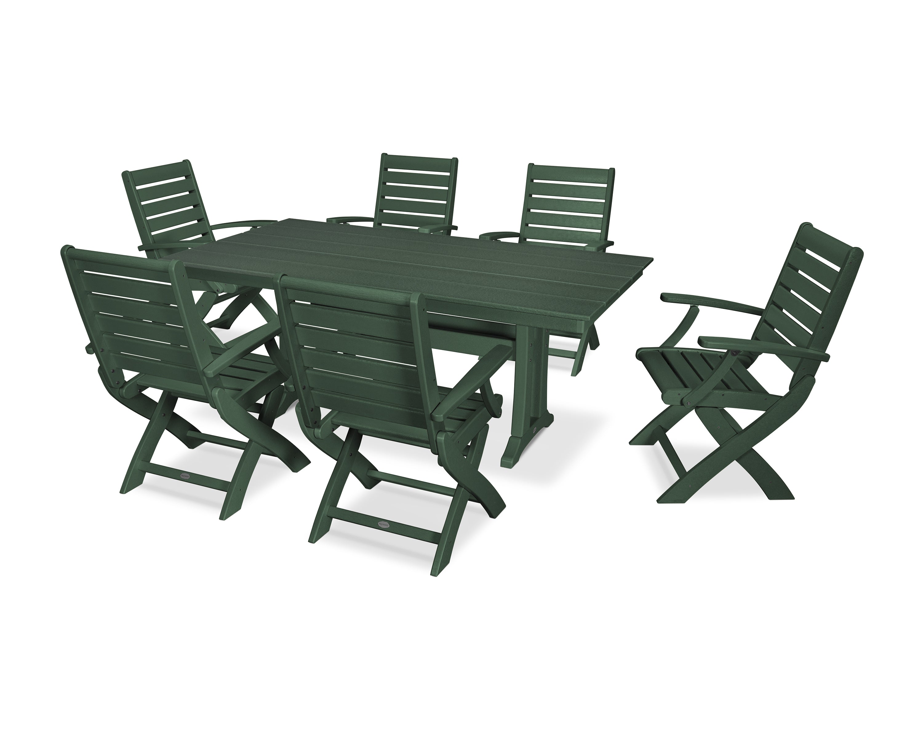 POLYWOOD® Signature Folding Chair 7-Piece Farmhouse Dining Set with Trestle Legs in Green