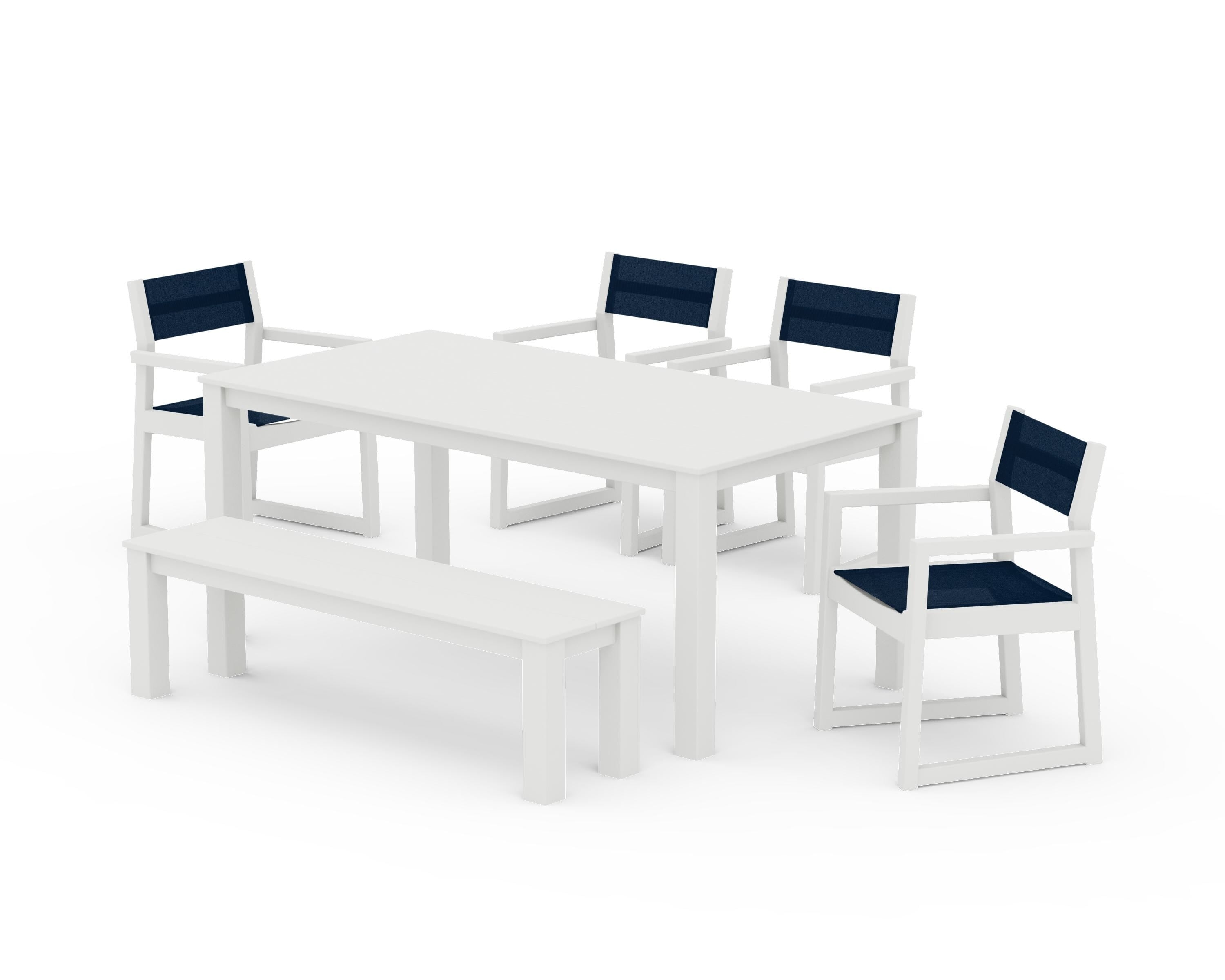 POLYWOOD EDGE Sling Arm Chair 6-Piece Parsons Dining Set with Bench in Vintage White / Navy Blue Sling