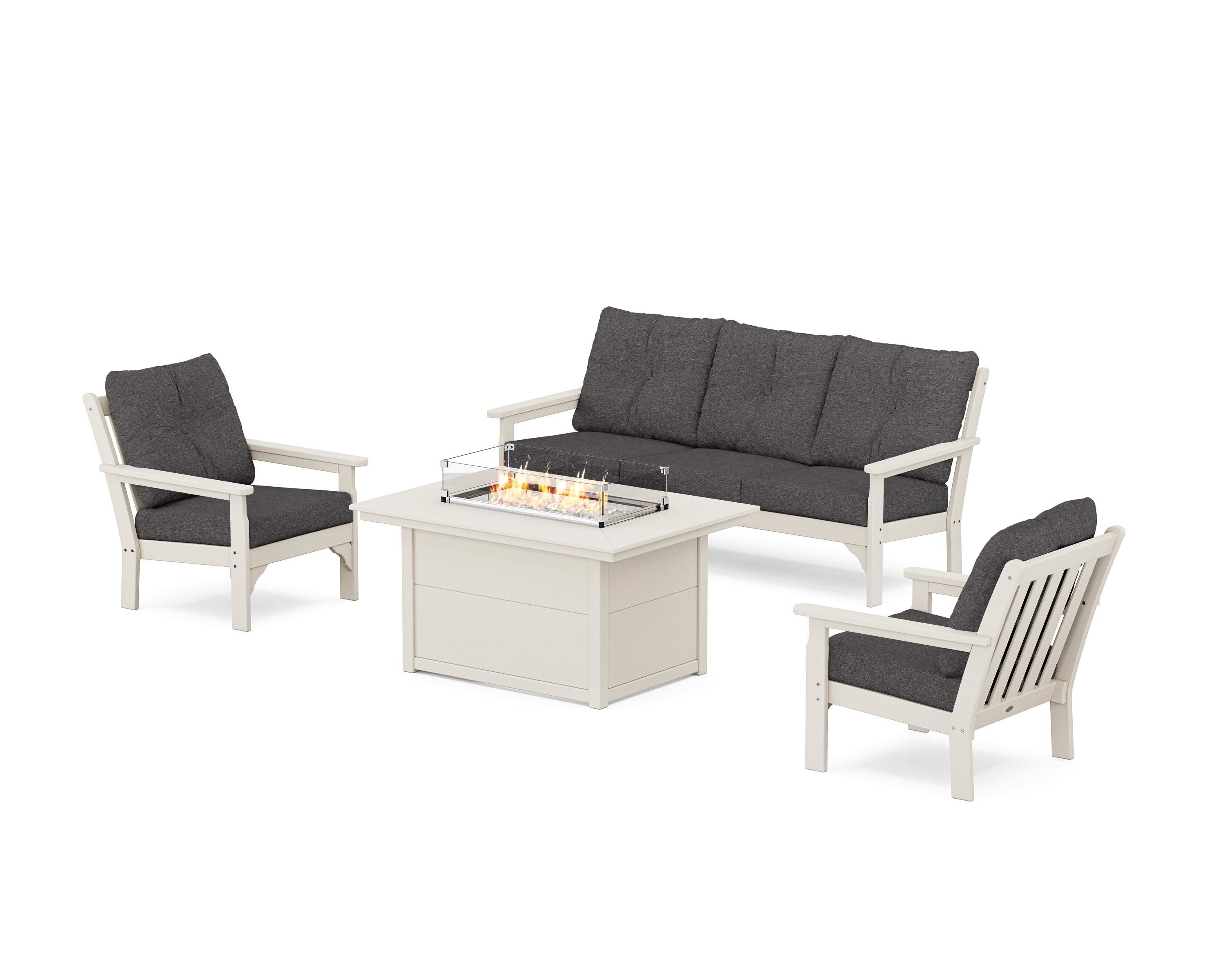 POLYWOOD Vineyard Deep Seating Fire Pit Table Set in Sand / Ash Charcoal
