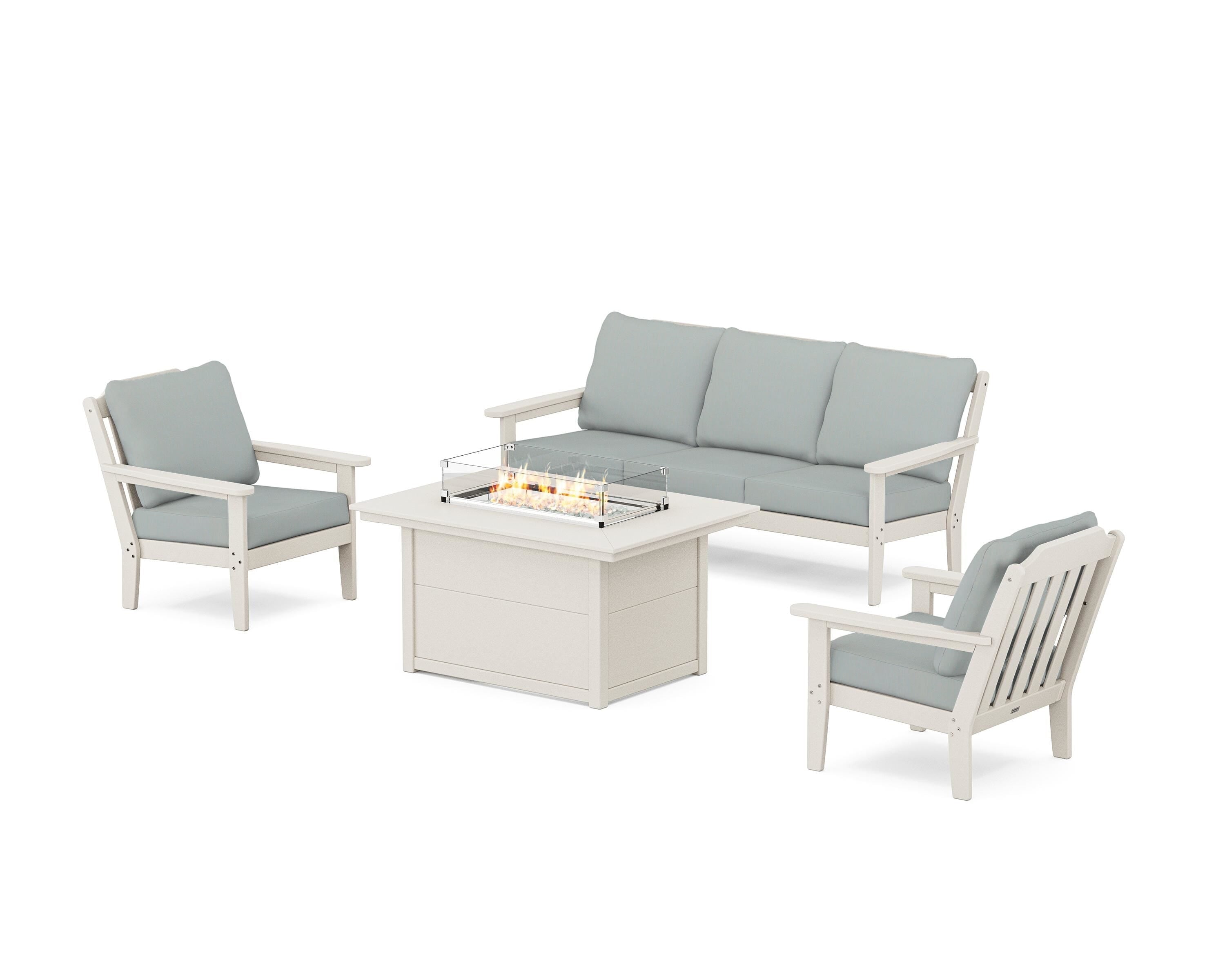 Country Living Cottage Deep Seating Fire Pit Table Set in Sand / Spa