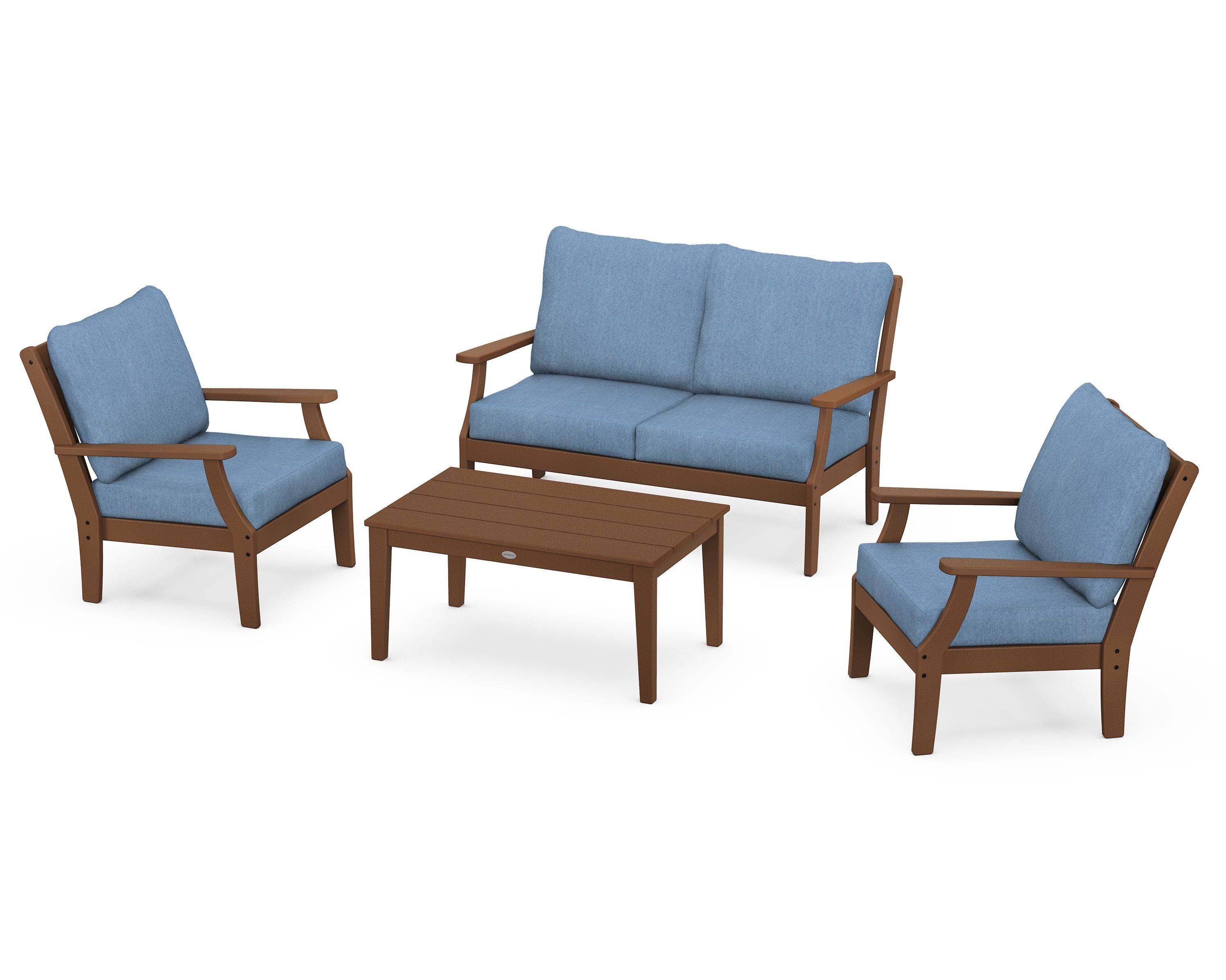 POLYWOOD Braxton 4-Piece Deep Seating Chair Set in Teak / Sky Blue