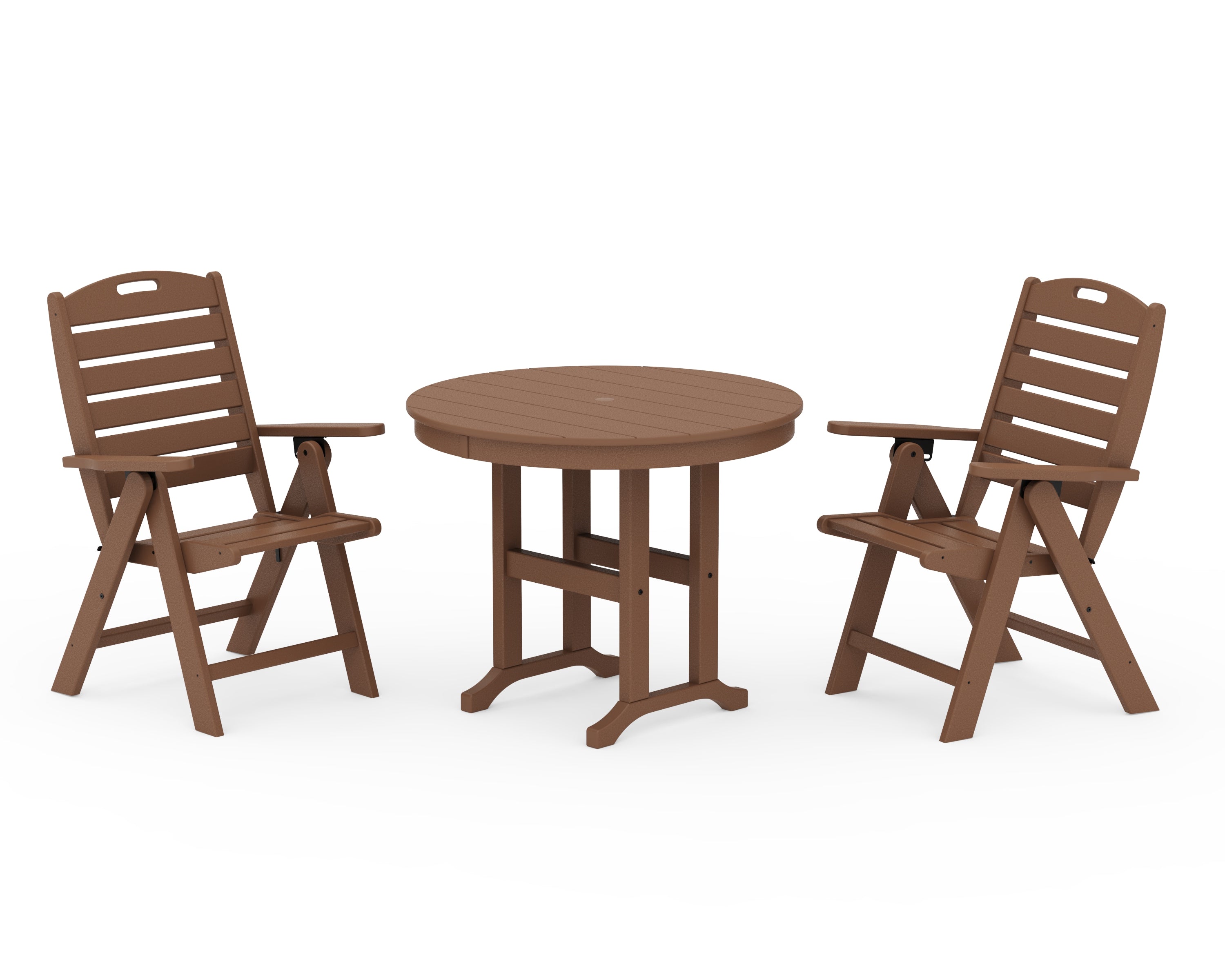 POLYWOOD Nautical Folding Highback Chair 3-Piece Round Dining Set in Teak