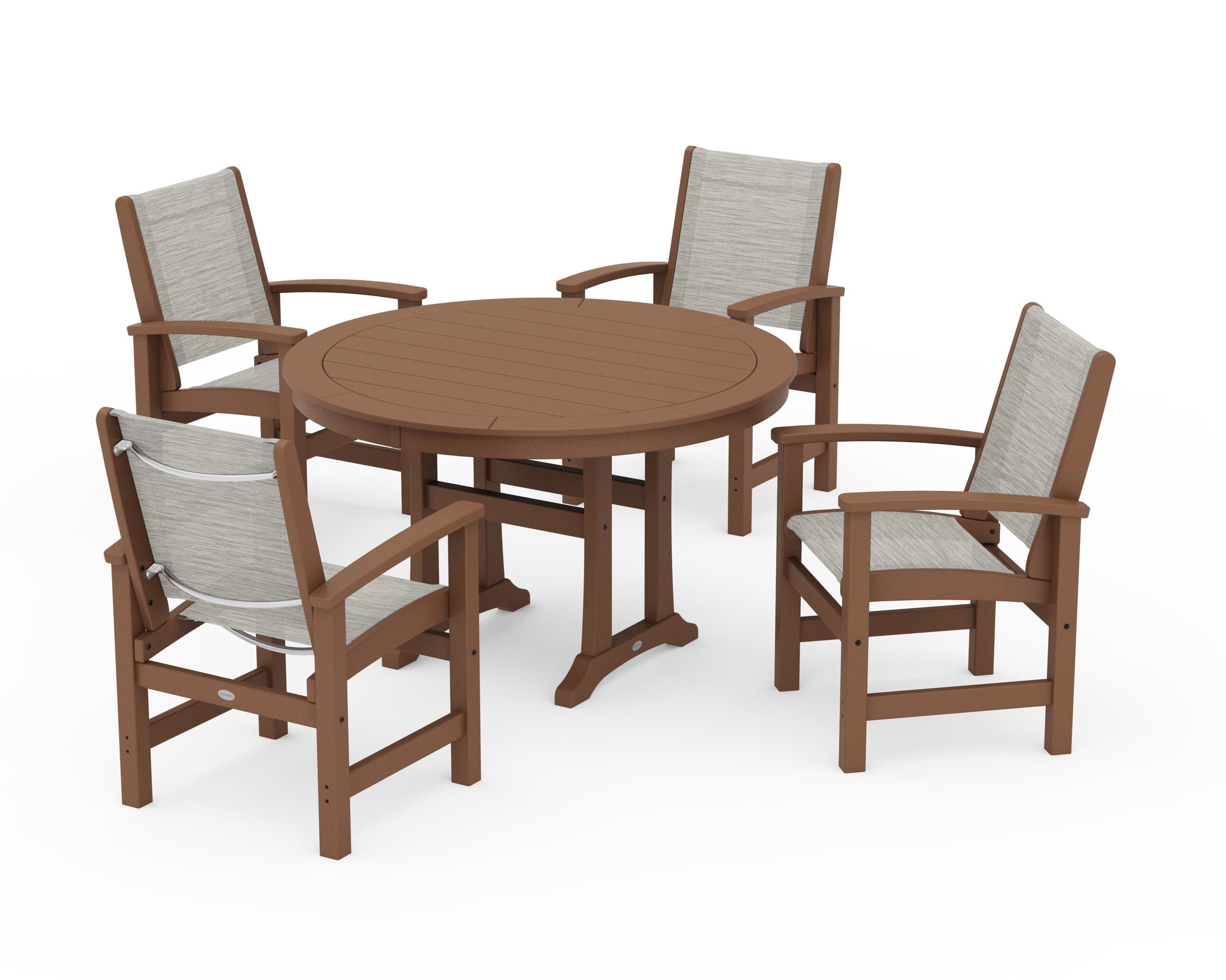 POLYWOOD Coastal 5-Piece Round Dining Set with Trestle Legs in Teak / Birch Sling