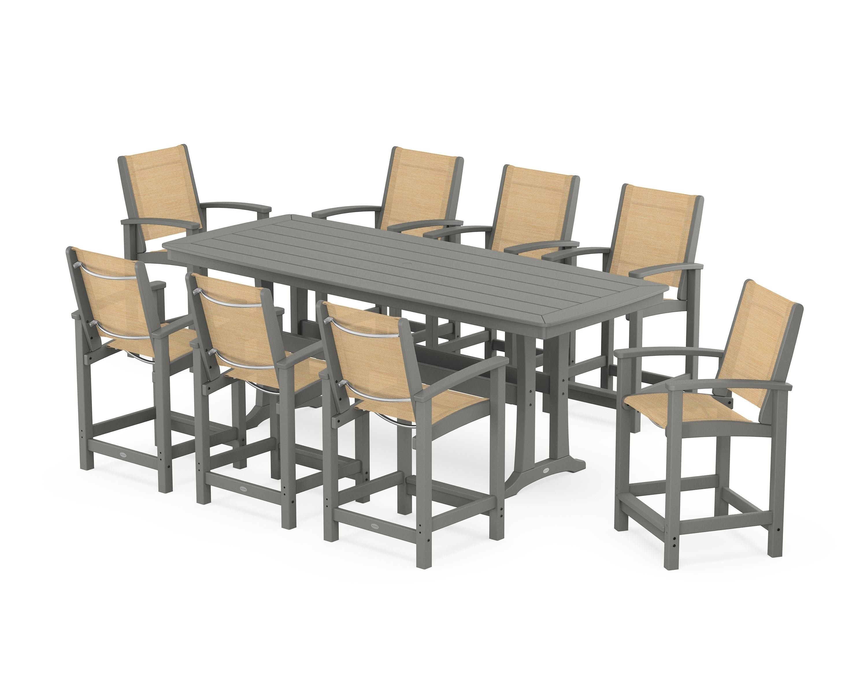 POLYWOOD Coastal 9-Piece Counter Set with Trestle Legs in Slate Grey / Dupioni Apricot Sling