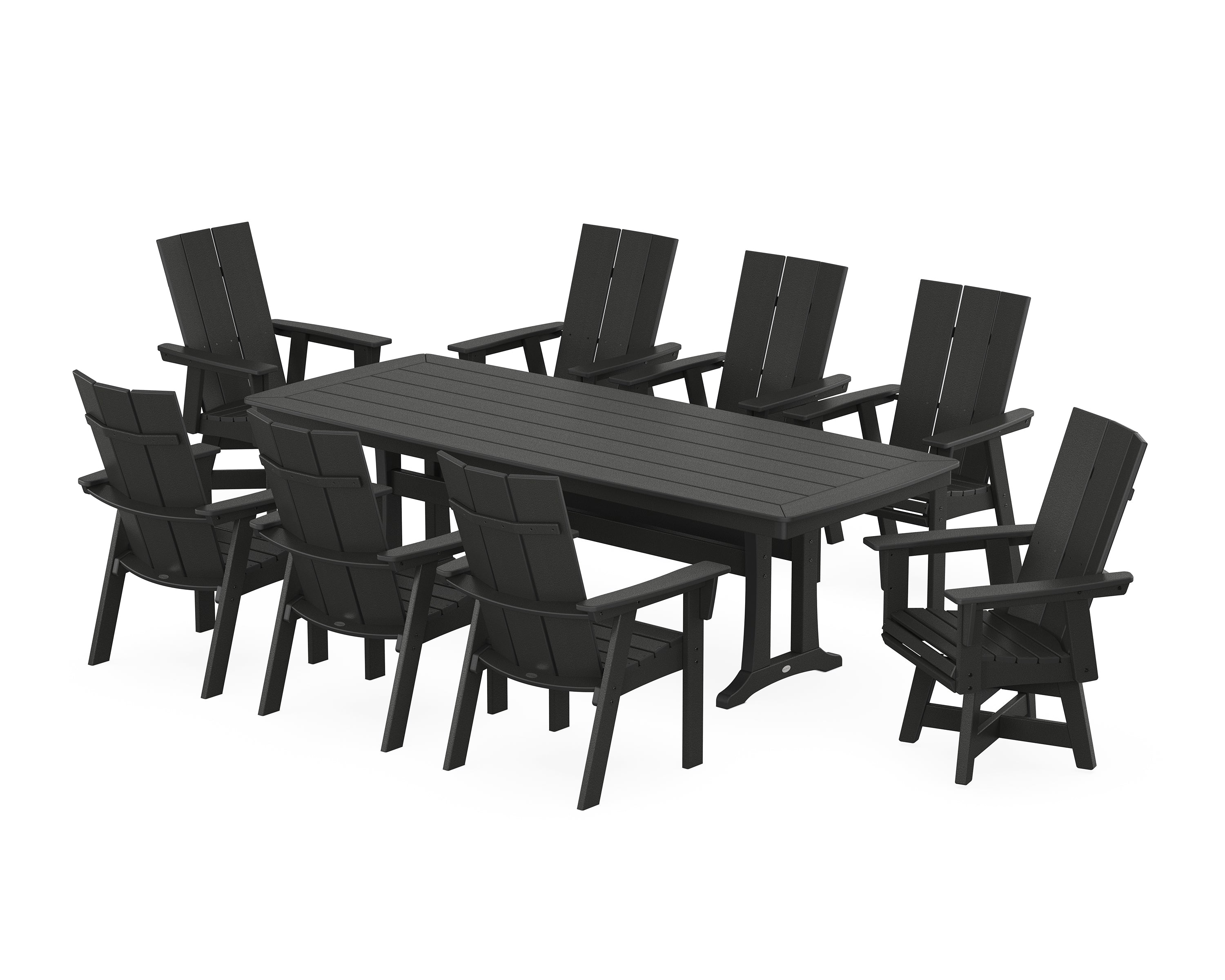POLYWOOD® Modern Curveback Adirondack Swivel 9-Piece Dining Set with Trestle Legs in Black