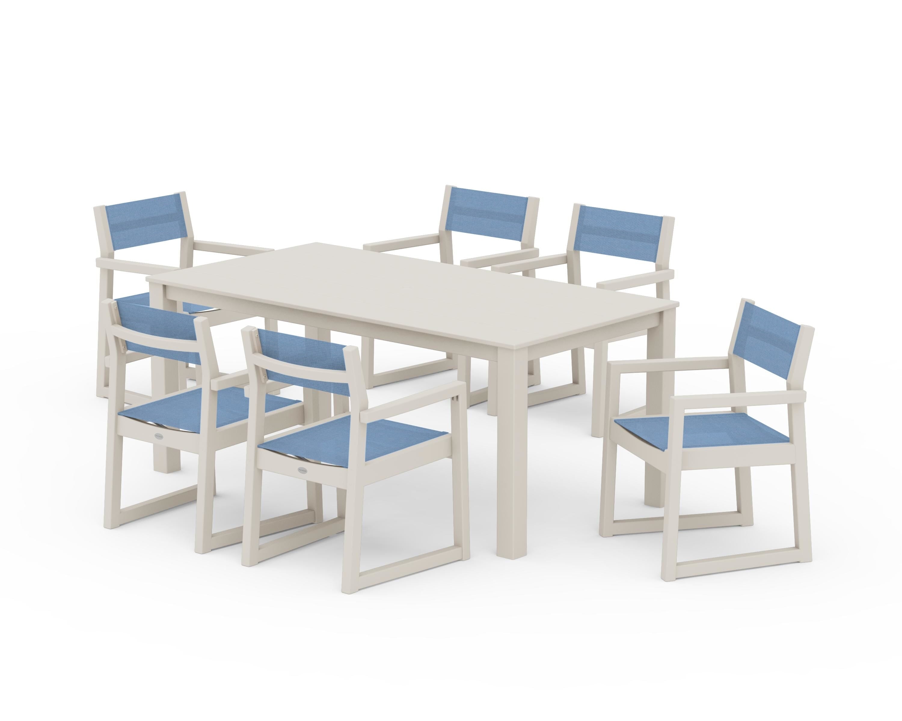 POLYWOOD EDGE Sling Arm Chair 7-Piece Parsons Dining Set in Sand / Poolside Sling