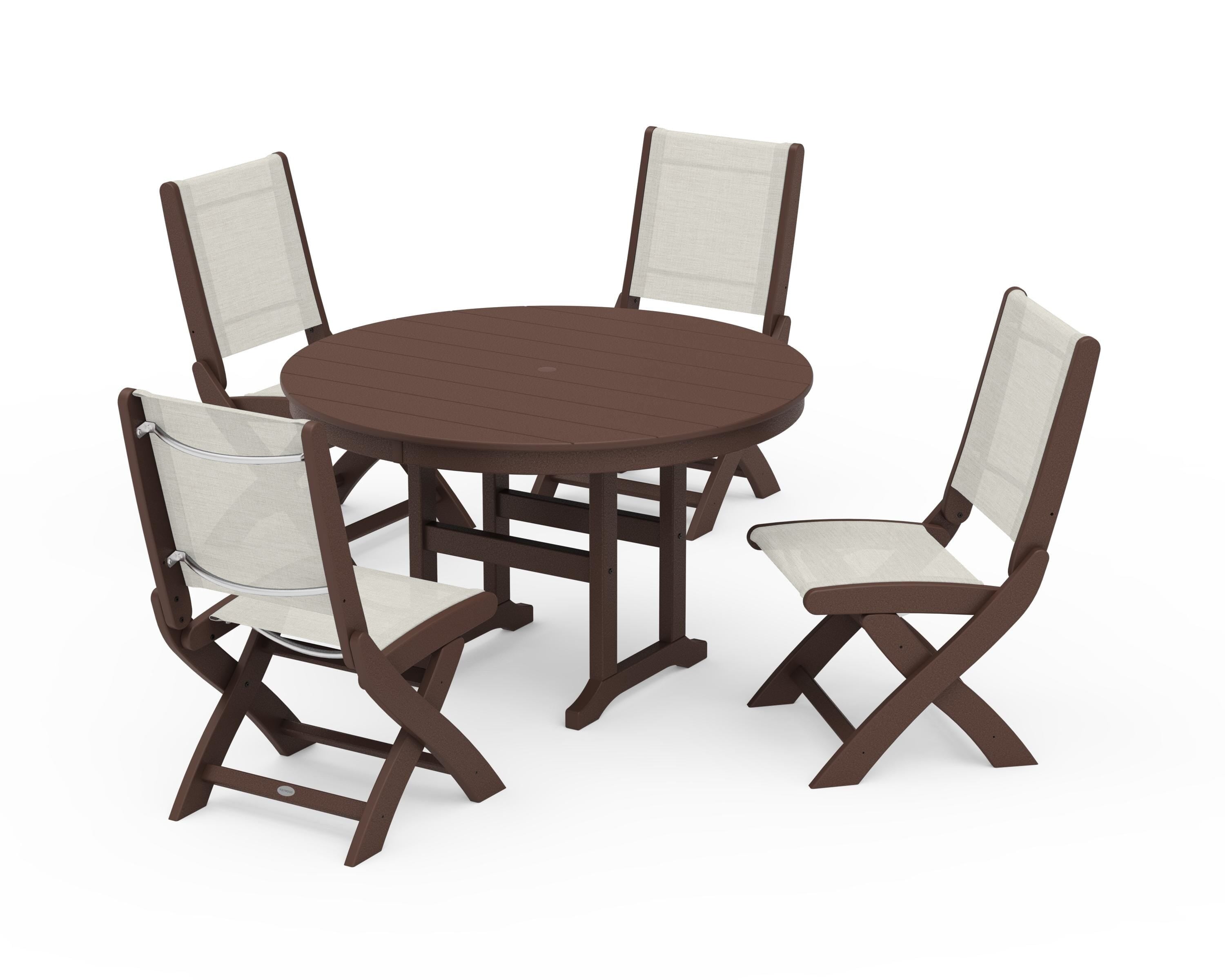 POLYWOOD Coastal Folding Side Chair 5-Piece Round Dining Set in Mahogany / Parchment Sling